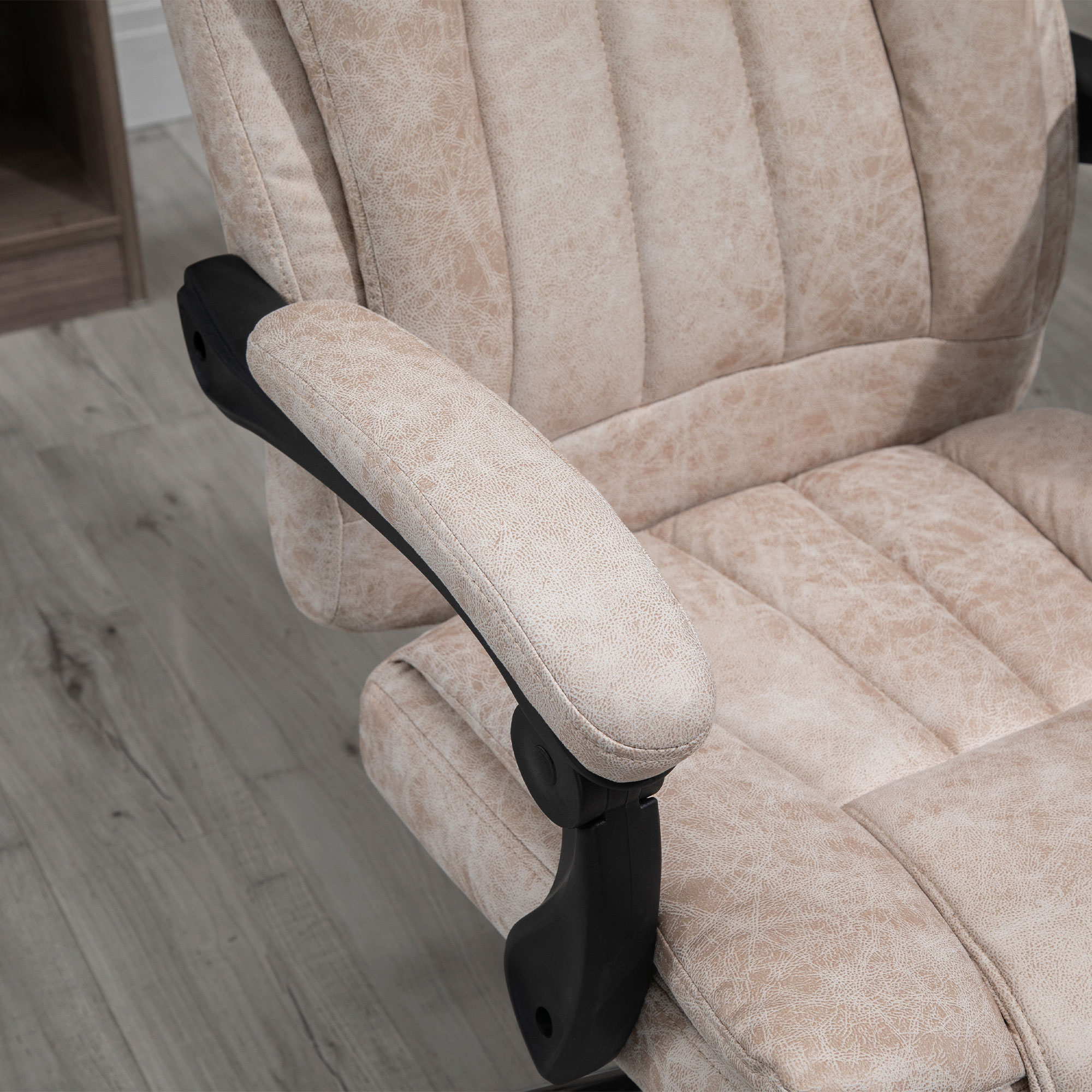 Bürostuhl Drehstuhl mit Liegefunktion Fußstütze Bürosessel Sitzhöhenverstellung Stuhl Schreibtischstuhl Mikrofaser Kunststoff Metall Nylon Beige+Schwarz+Silber 63 x 71 x 110-118 cm