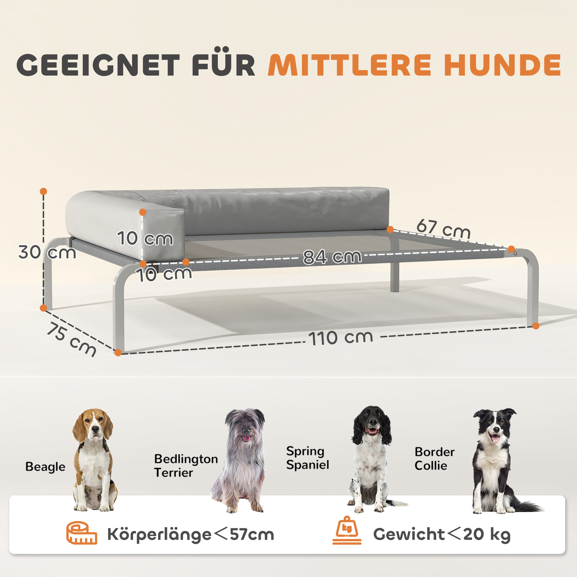 Hundeliege Outdoor, erhöhtes Hundebett für Mittelgroße Hunde, mit L-förmige Kissen 110x75x30cm, Hellgrau
