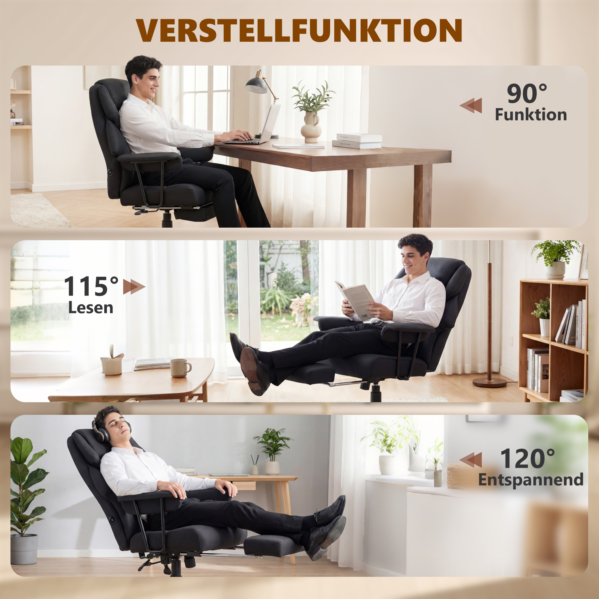 3D Knet-Massage-Bürostuhl mit Fußstütze, verstellbarer Computerstuhl mit hoher Rückenlehne, Leathaire-Polsterung, Schwarz