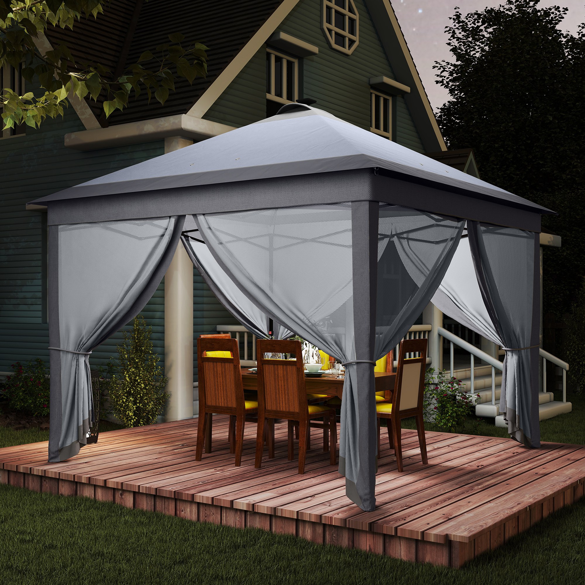 3,3 x 3,3 m Faltpavillon mit LED-Beleuchtung, Meshvorhänge, Tragetasche, Grau