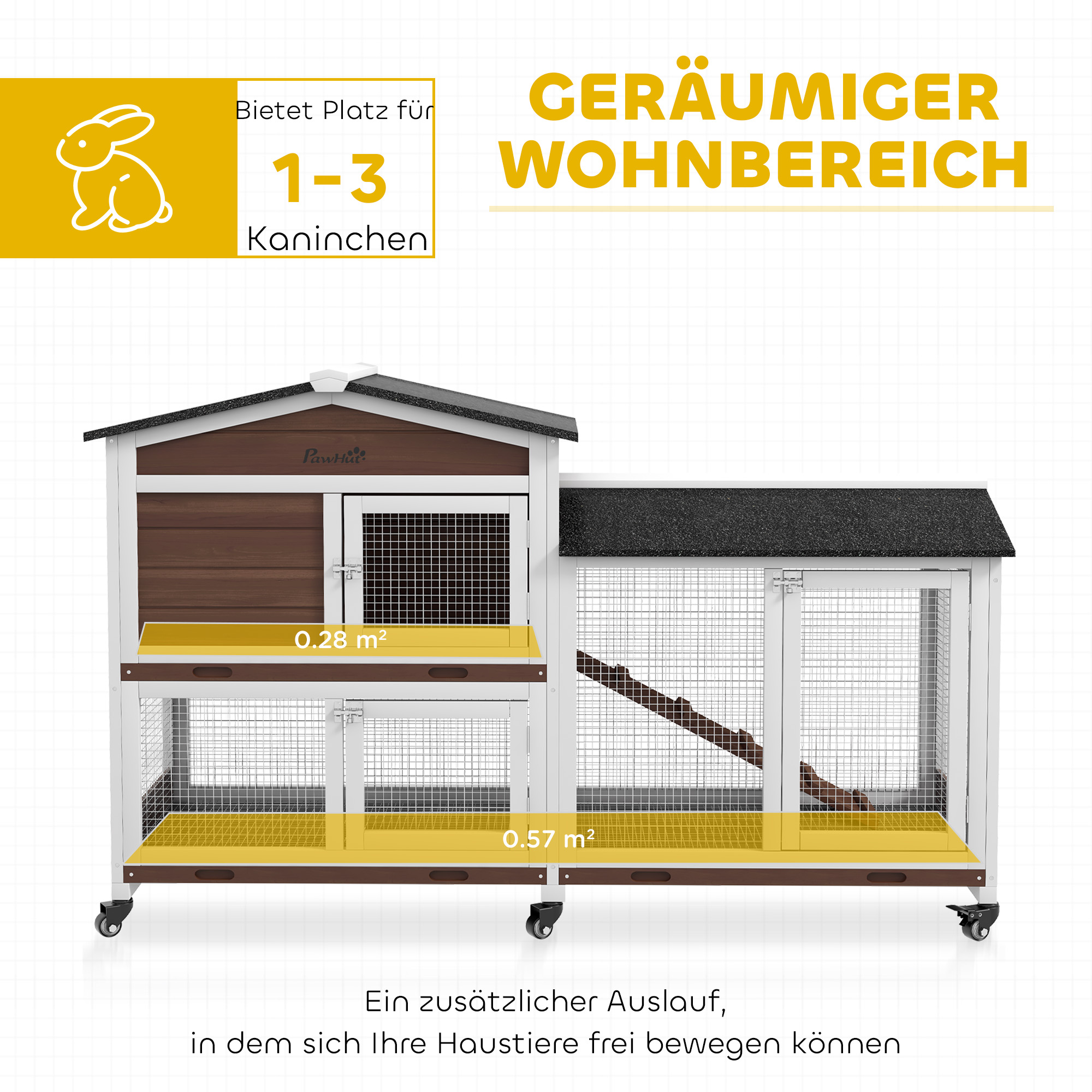 Kleintierstall mit Rollen, Zwergkaninchenstall, Freilaufgehege, Asphaltdach, Kleintierhaus, Zwergkaninchenauslauf, Holz, Stahl, Braun