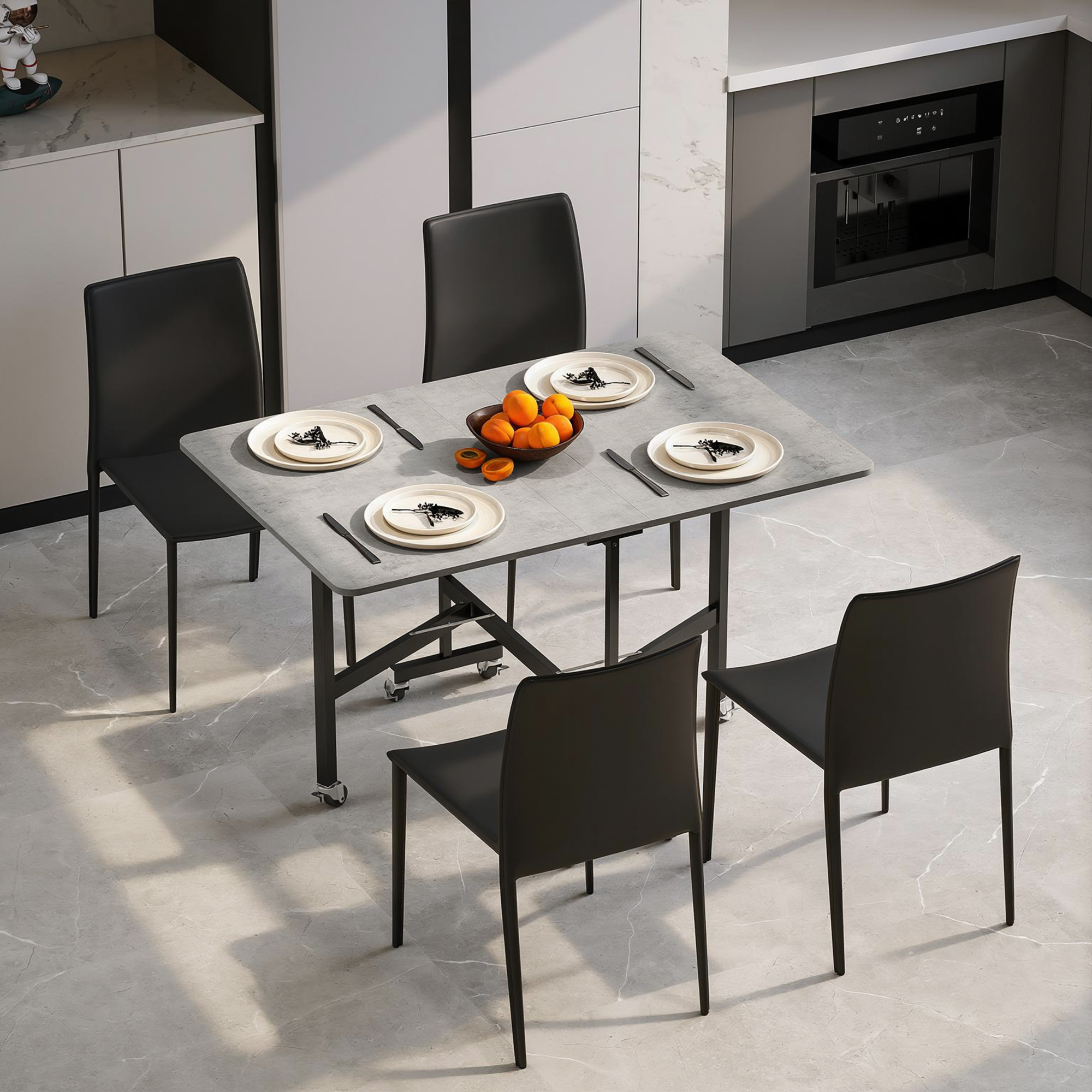 Esstisch für 4-6 Personen, Klapptisch mit Rollen, Stahlgestell, 52,5-120 x 80 x 73 cm, Grau