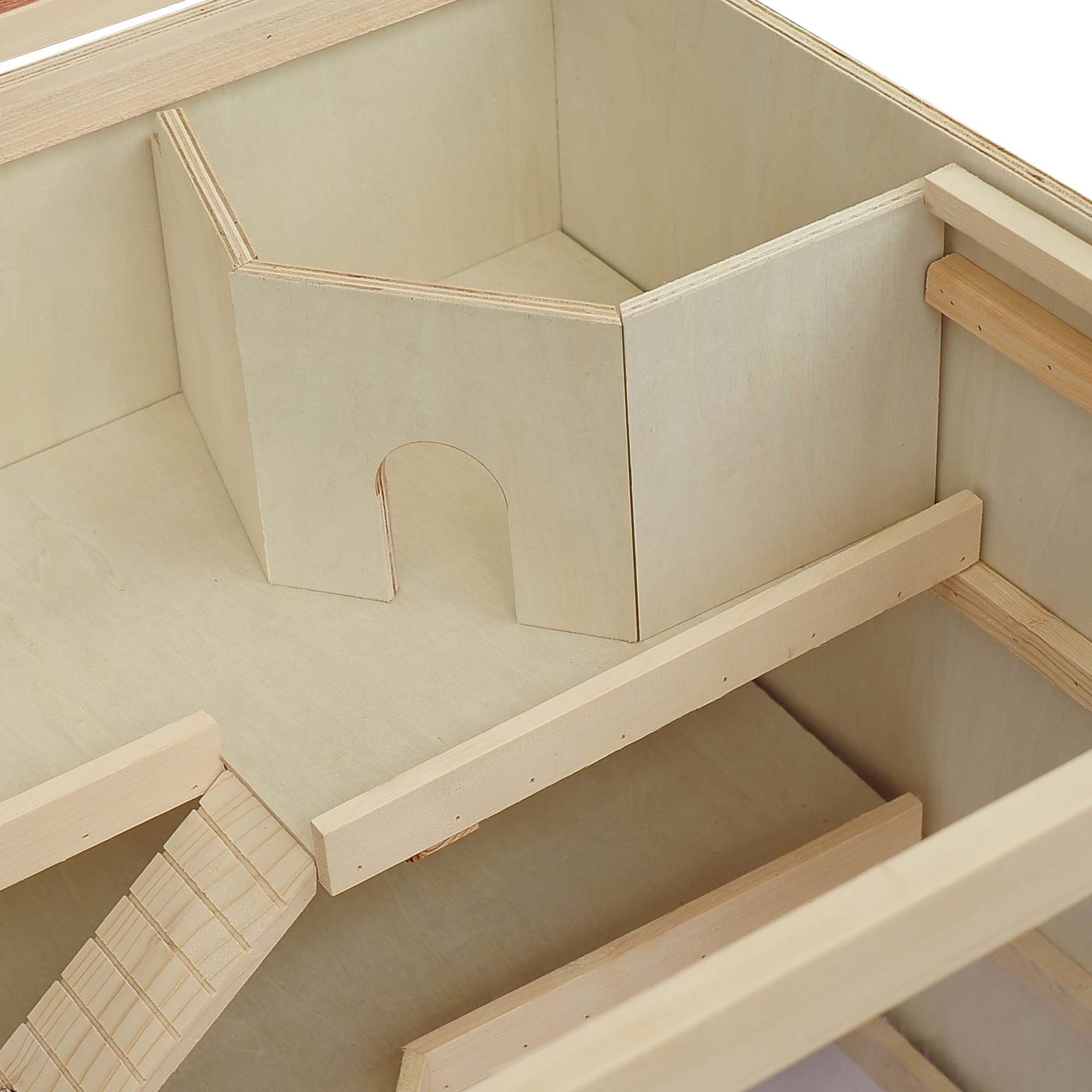 Hamsterkäfig aus Holz 3 Etagen Nagerkäfig mit reinigbar Ablage Kleintierkäfig mit klappbarem Deckel Treppen Holzkäfig Käfig für Hamster Zwerghamster 115 x 57 x 55 cm Naturholz