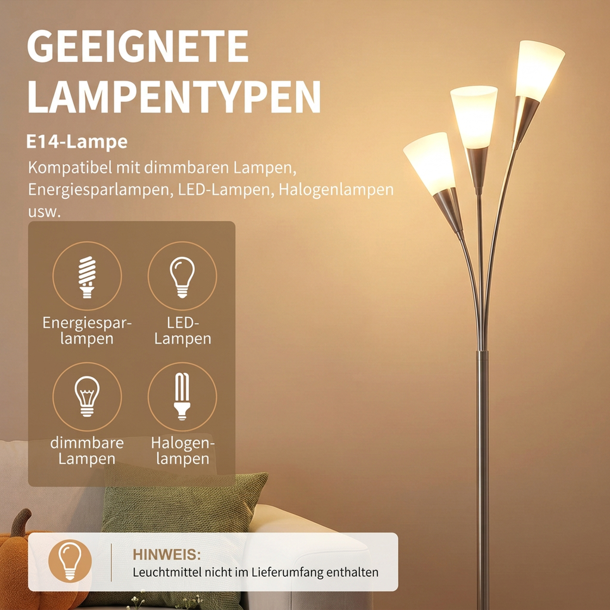 Stehlampe Wohnzimmer 40 W Stehleuchte mit Fußschalter, 3 x E14-Fassung für Schlafzimmer, Büro, Ohne Glühbirne, Silber