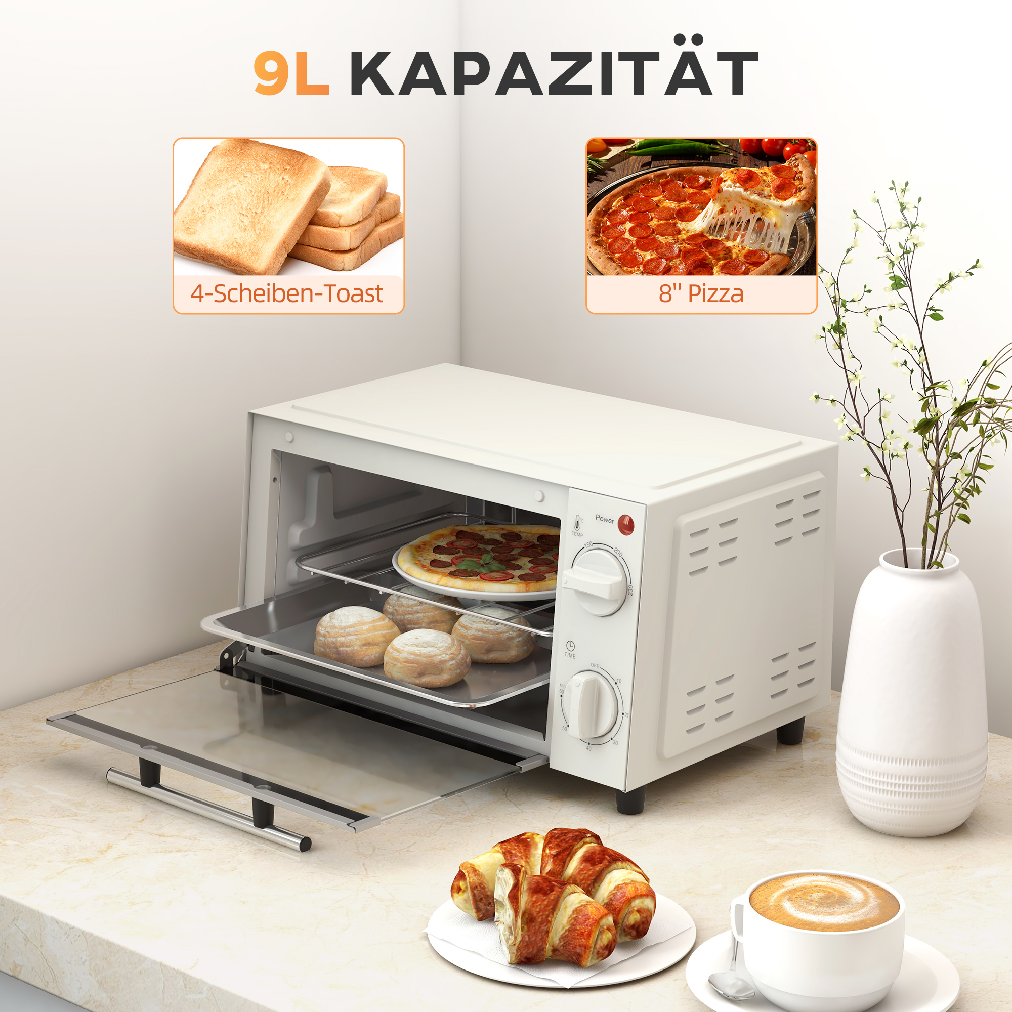 Minibackofen, 9 L Mini-Ofen mit Backblech, Grillrost, mit einstellbarer Temperatur und Garzeit, Edelstahl, Cremeweiß