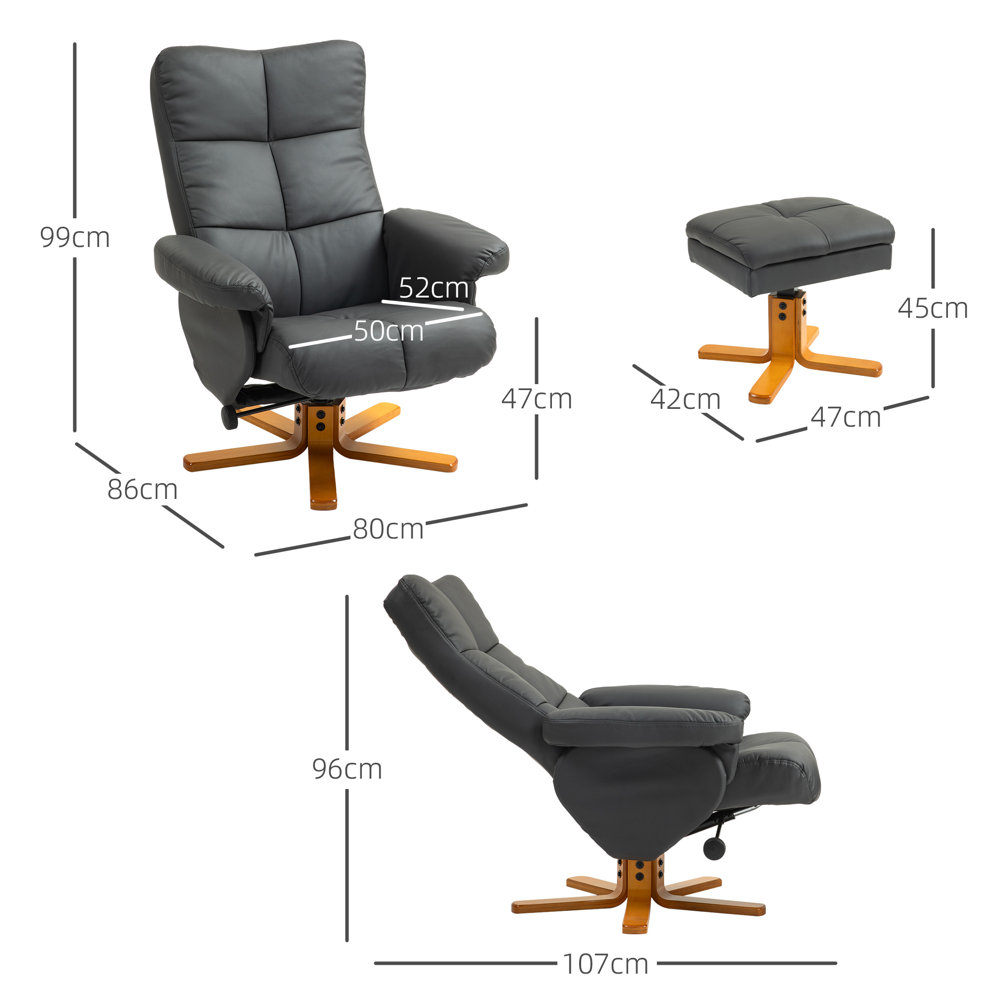 Relaxsessel mit Hocker, 145° neigbare Rückenlehne, 360° drehbar, Kunstleder, Dunkelgrau