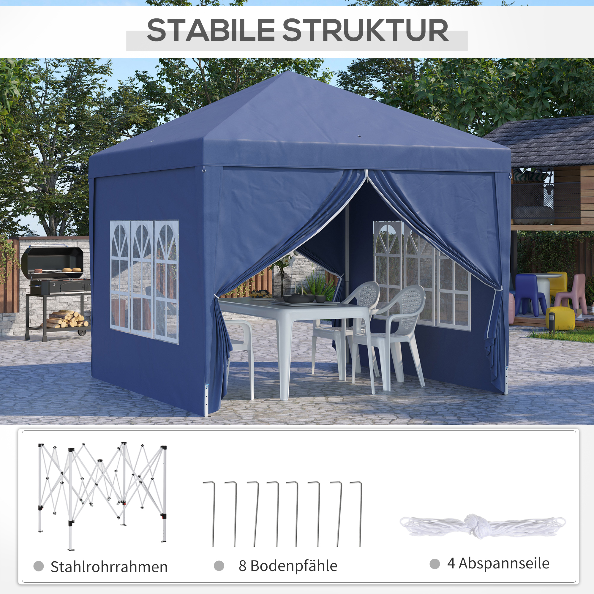 3 x 3 m Pavillon mit 4 Seitenwänden, Fenster, Festzelt mit UV-Schutz, Gartenzelt inkl. Tragetasche, Stahl, Blau