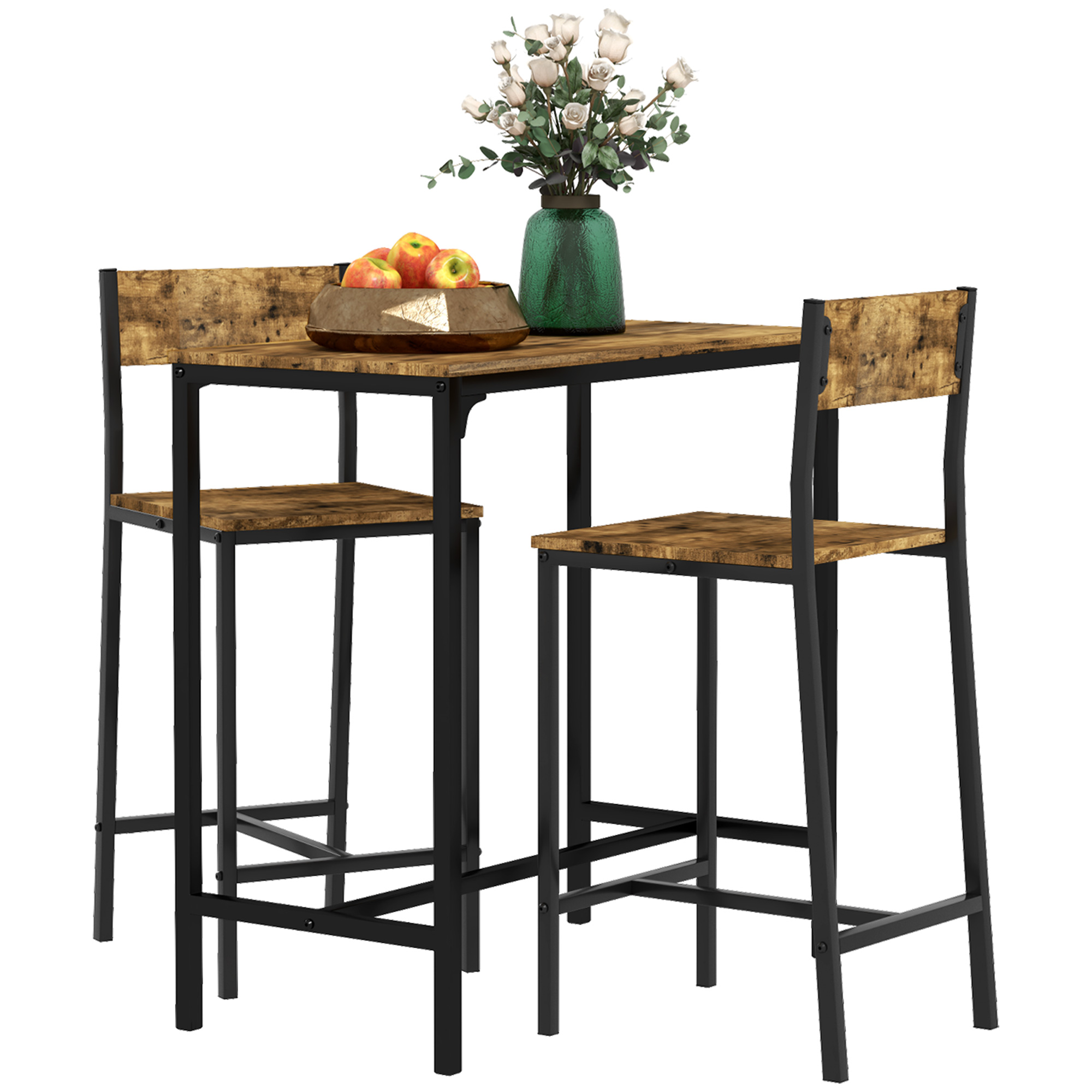 3-teiliges Bar-Set, Stehtisch, 2 Stühle, MDF, Metallrahmen, wasserfest, Braun