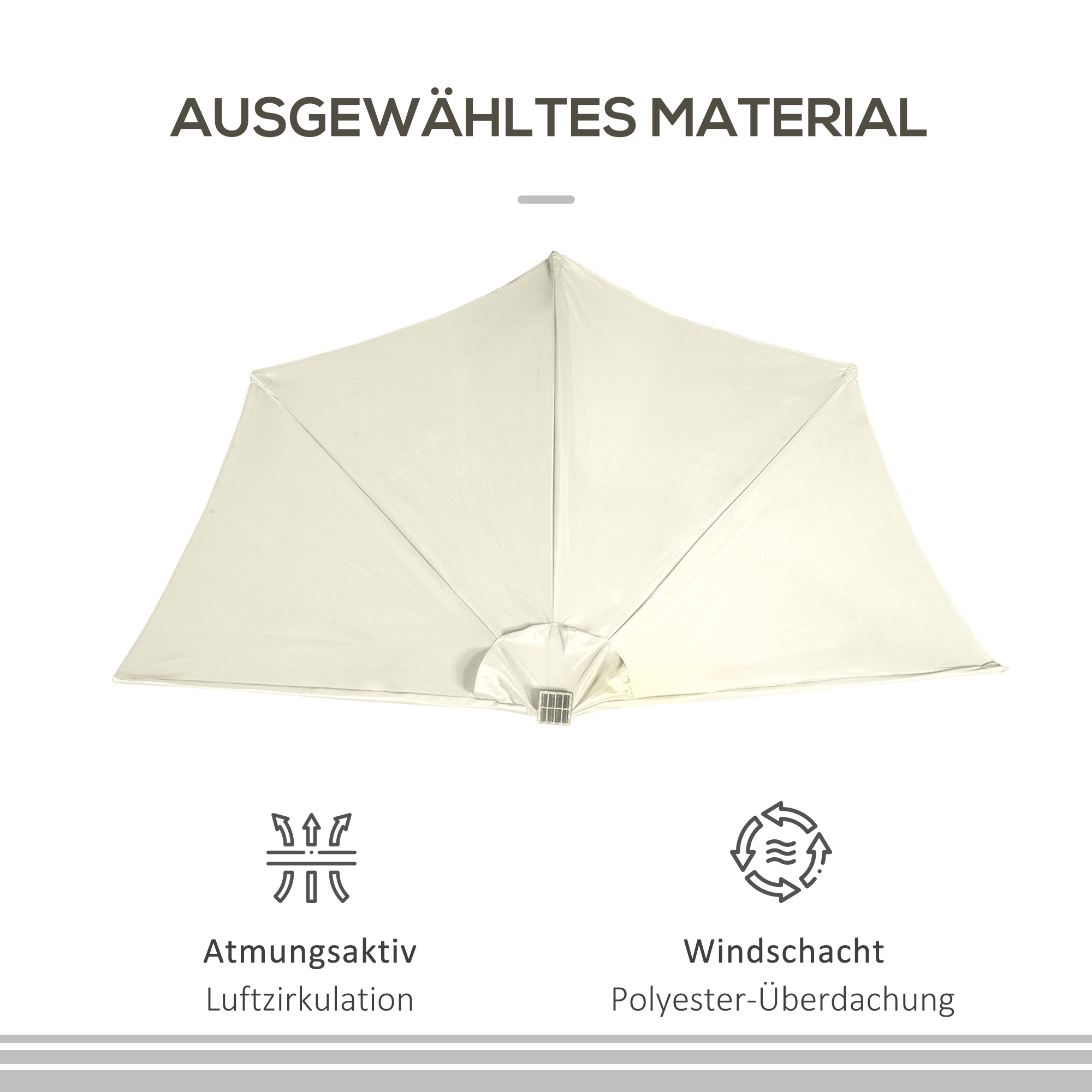 Sonnenschirm, Terrassenschirm, halbrund, mit Solarpaneel, 20 LEDs, Handkurbel, beige, 2,70 x 1,35 x 2,40 m