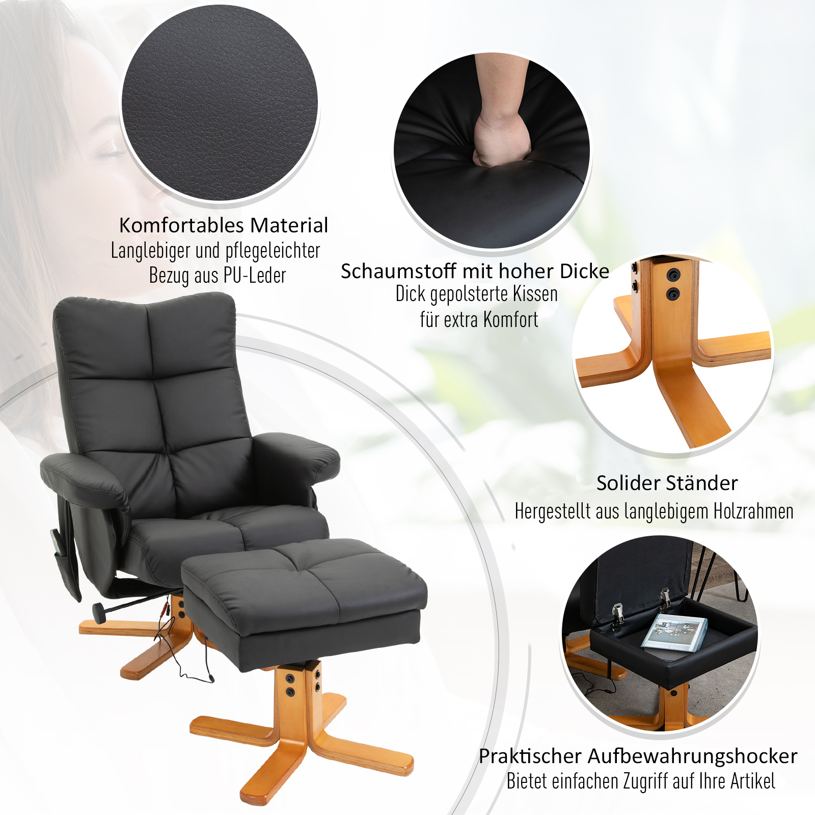 Massagesessel mit Hocker, 145° Neigbarer Relaxsessel mit Massagefunktion Liegefunktion Stauraum, TV-Sessel Fernsehsessel für Wohnzimmer, Kunstleder, 80 x 86 x 99 cm Schwarz