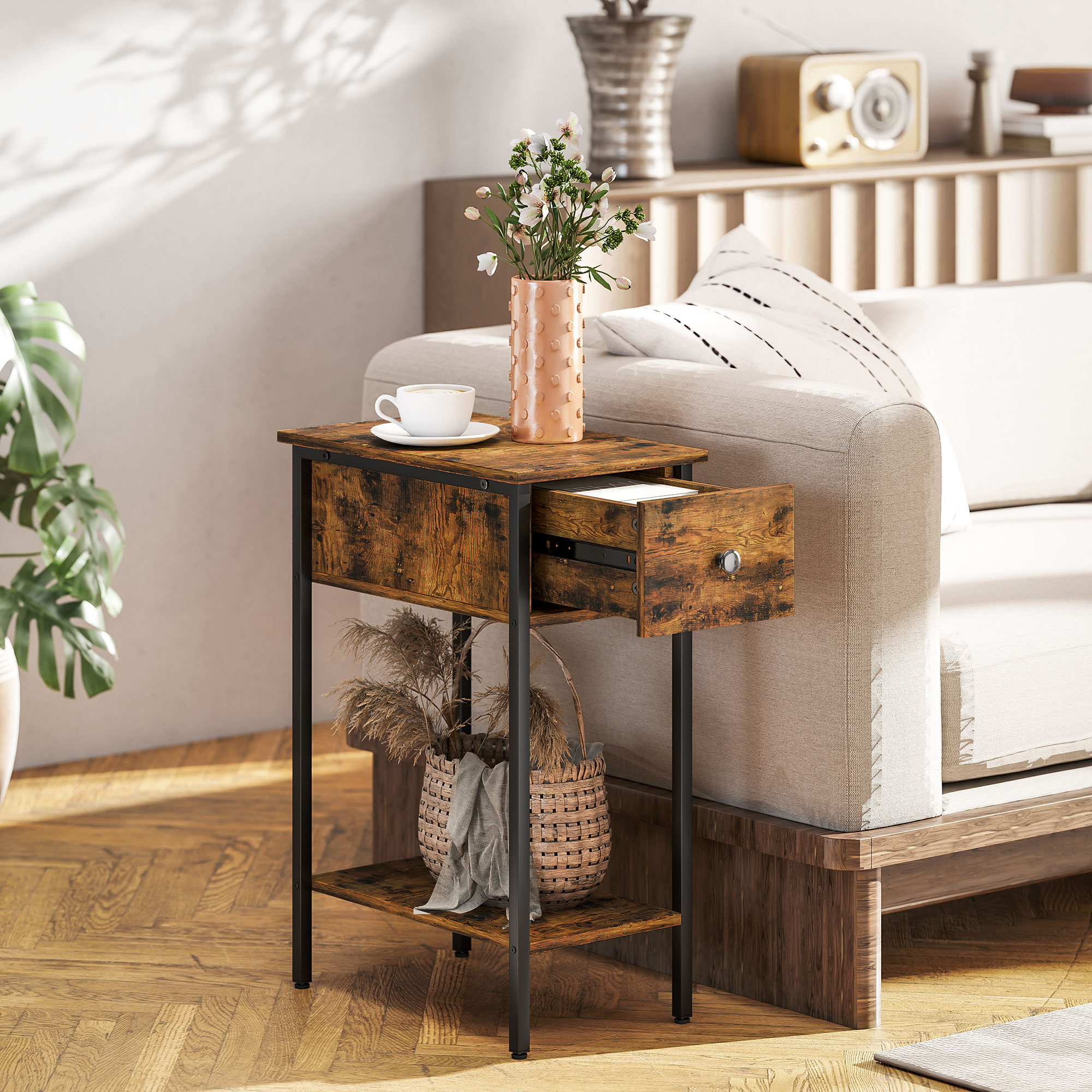 Beistelltisch mit offenem Fach und Schublade, Nachttisch, Metallbeine, Holz, Braun