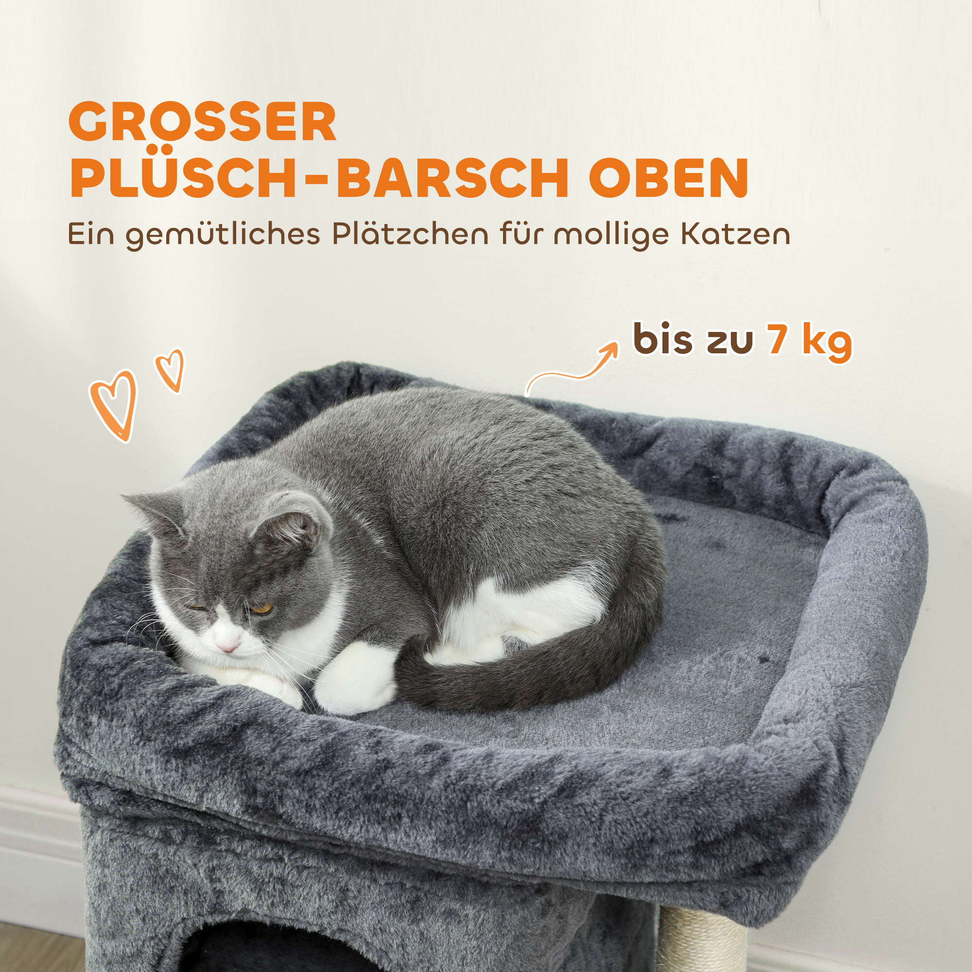 Katzenkratzbaum, Katzenturm, 2 Höhlen, Plattform, Sisalpfosten, kompakt, Dunkelgrau