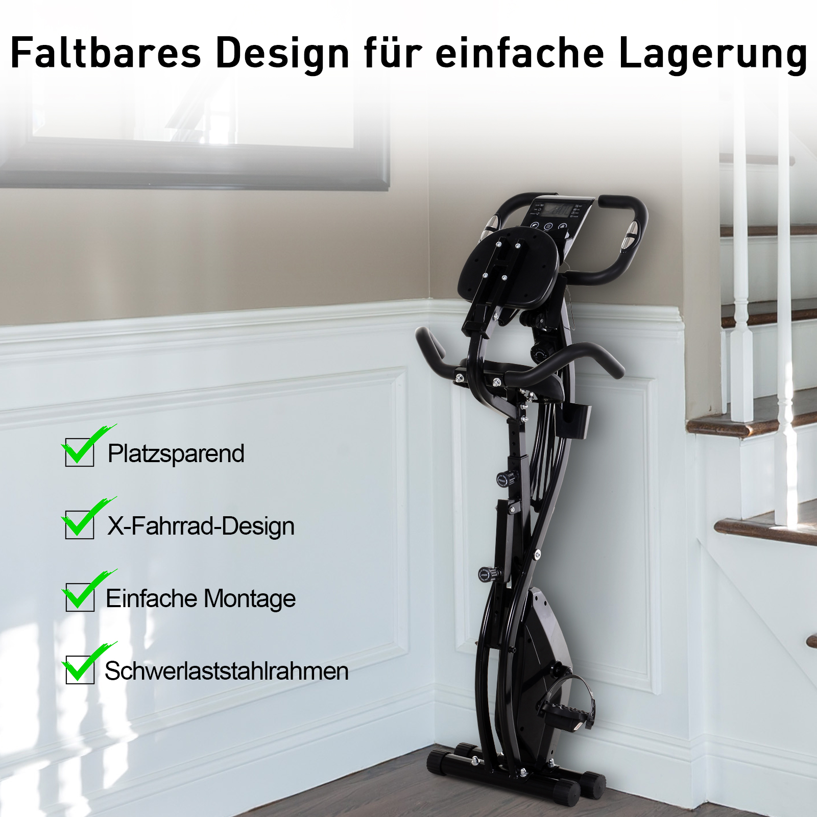 Heimtrainer X-Bike 2-in-1 Fahrradtrainer mit LCD-Display,Pulsmesser, klappbarer Hometrainer Trimmrad mit 8 stufig Magnetwiderstand, 1 Paar Spannseil, Stahl Schwarz 105x48x118 cm