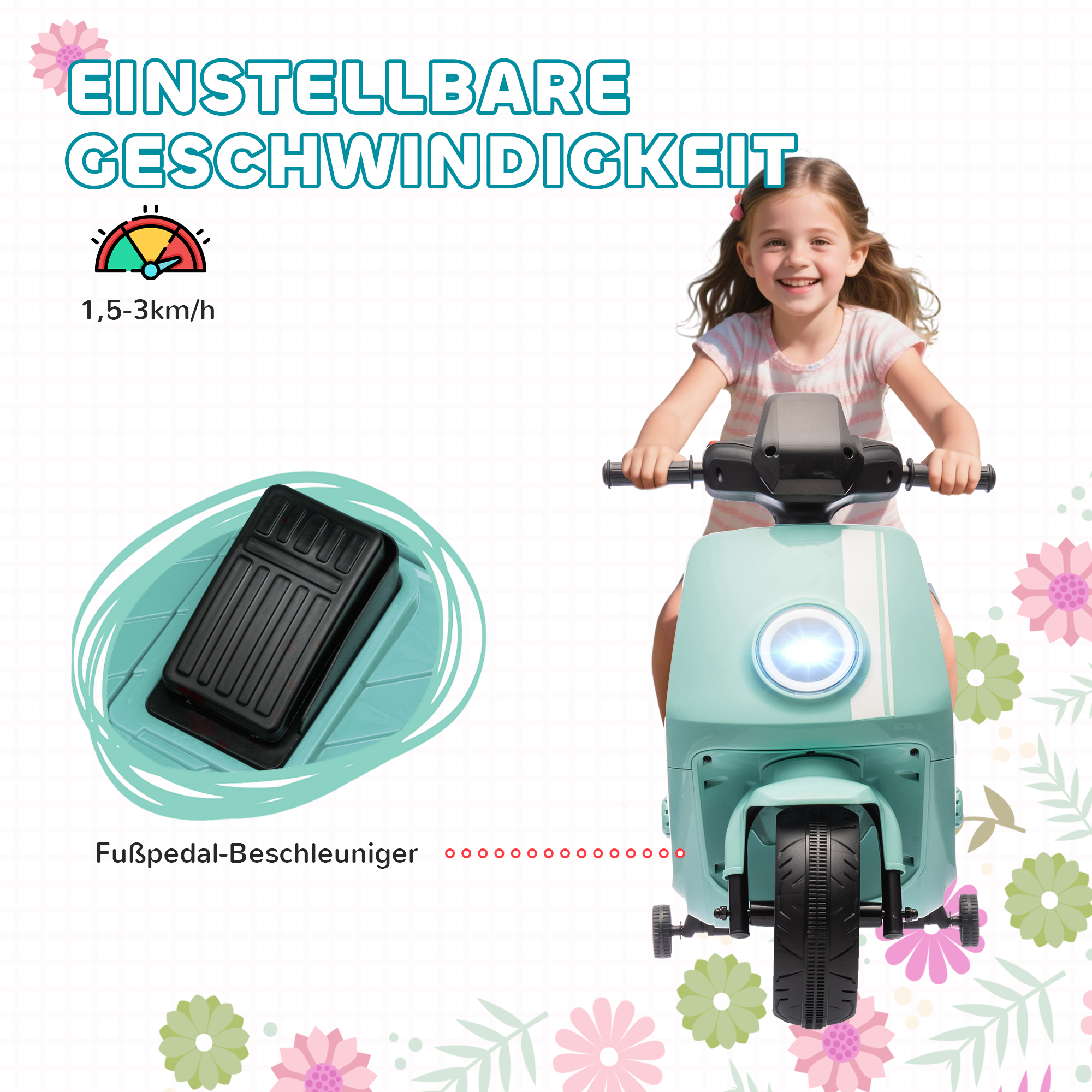 6V Elektro-Motorrad für Kinder, mit Scheinwerfer und Musik, Vor- und Rückwärtsgang, Trainingsräder, 18-36 Monate, Grün
