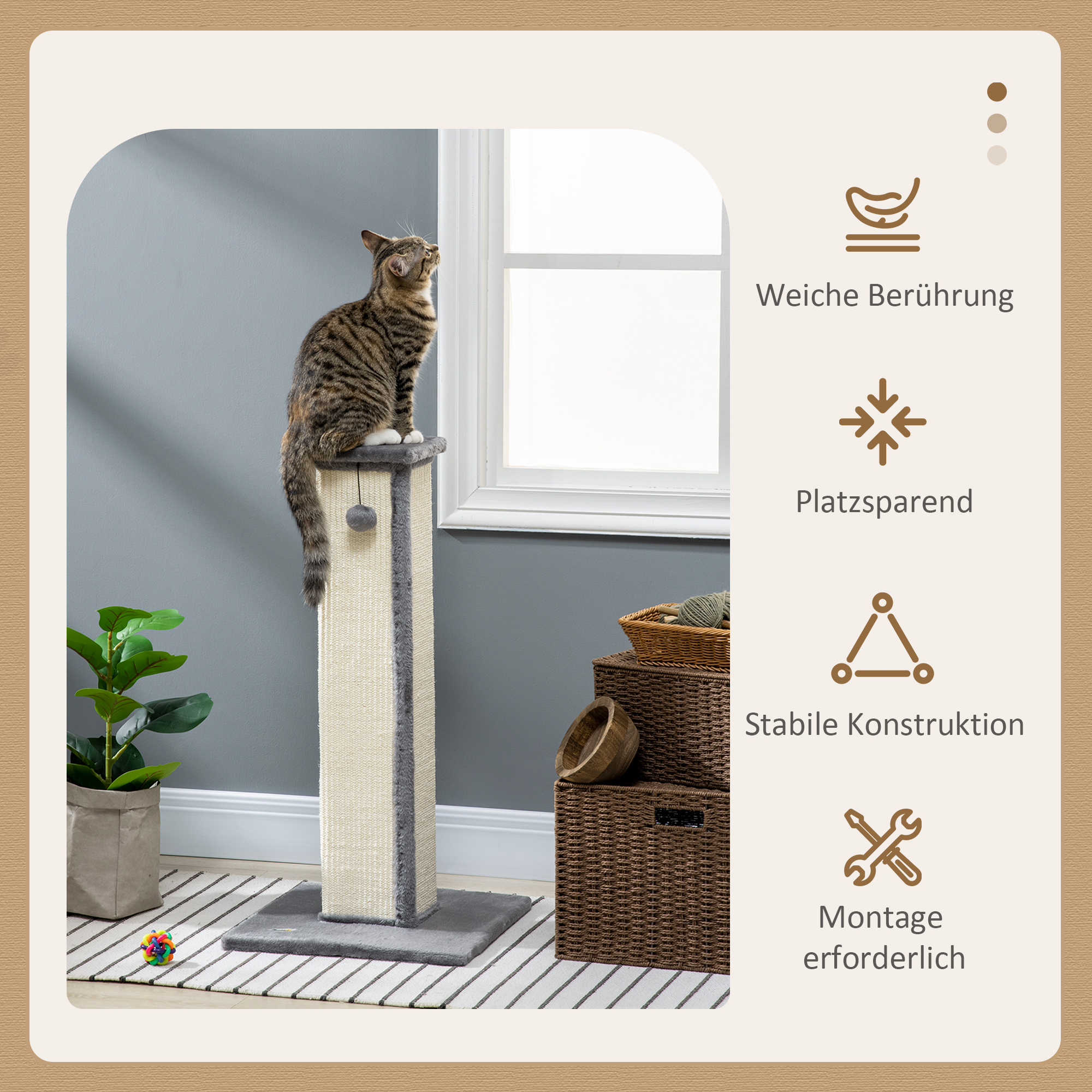 Kratzbaum Katzenbaum, inkl. Spielball, Plüsch, Sisal, 41 cm x 41 cm x 81 cm, Creme + Grau