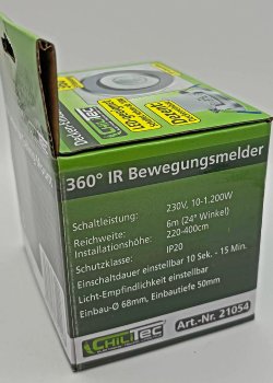 Decken-Einbau-Bewegungsmelder 360° Alu, PIR Sensor, 6m, schwenkbar, silber