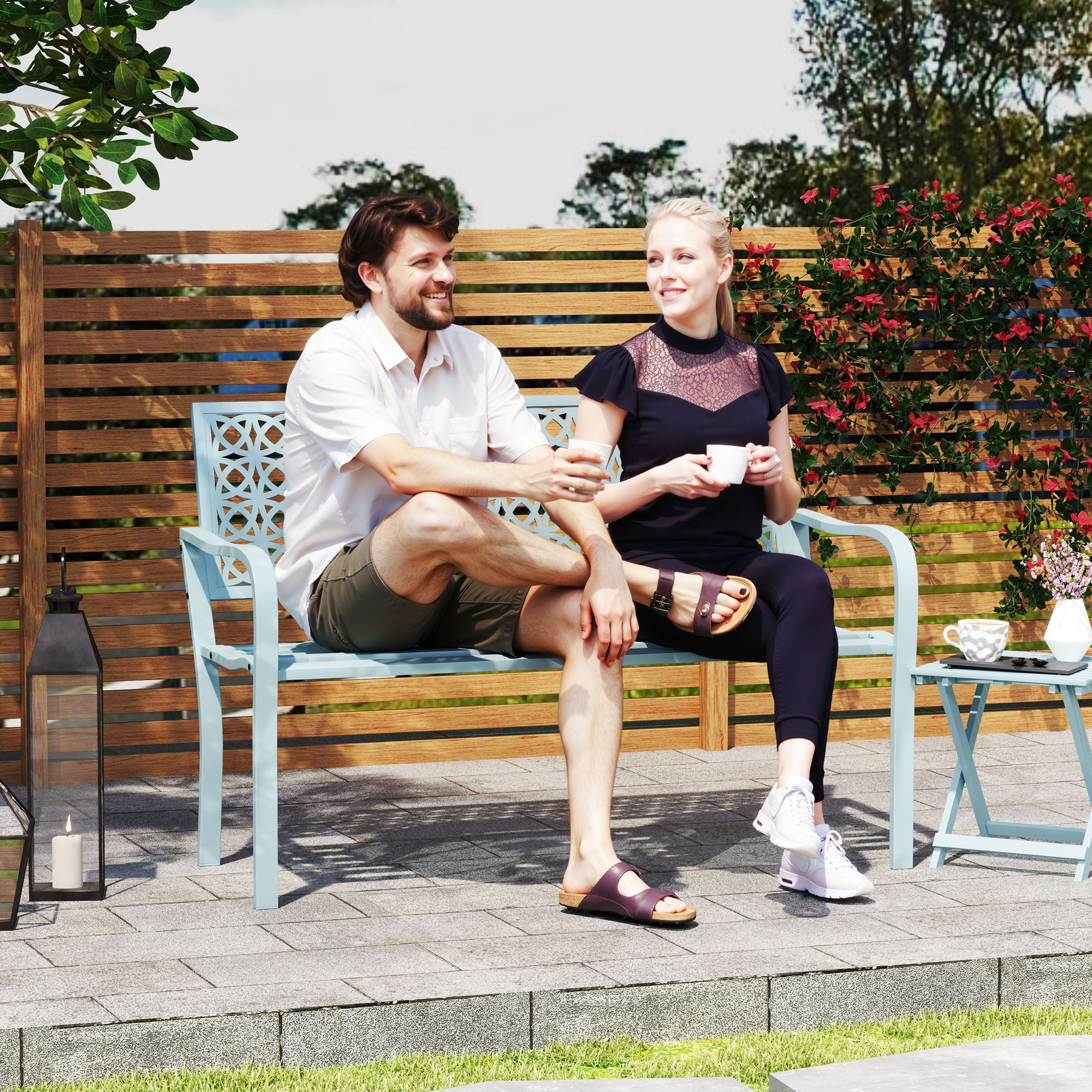 Außenbank, Gartenbank aus Stahl, Ausgeschnittene Rückenlehne, Armlehnen, für 2 Personen, Blau