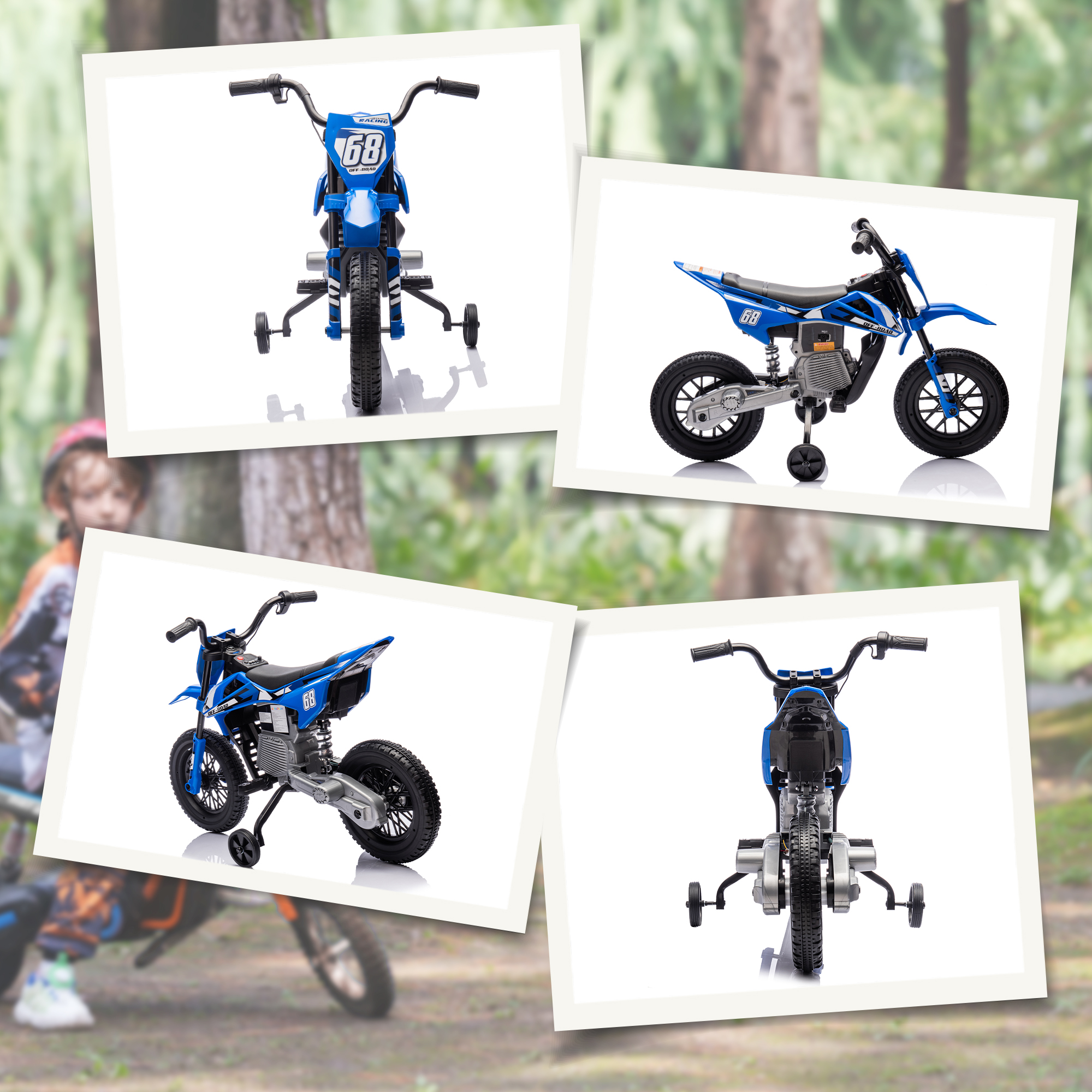 Elektro-Motorrad für Kinder, 12V Kindermotorrad mit Musik, Kinderfahrzeug mit Trainingsrädern, 3-6 Jahre, Blau