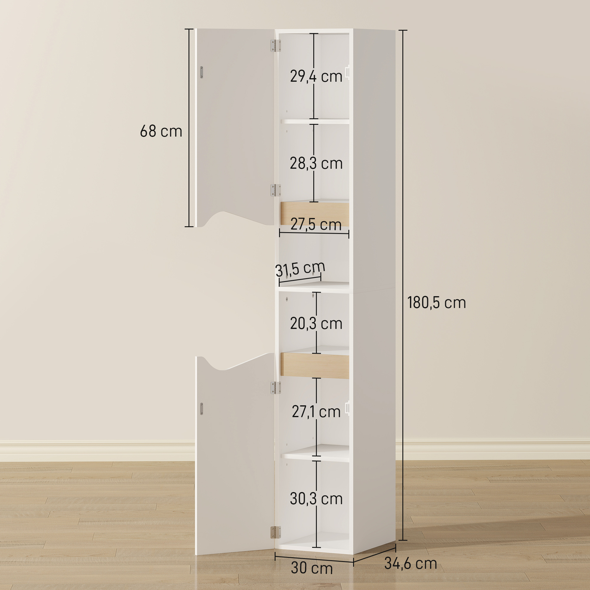 Badezimmerschrank Schmal Hochschrank mit 2 Türen, 2 Offenen Fächern, für Badezimmer 30 x 34,6 x 182 cm Weiß