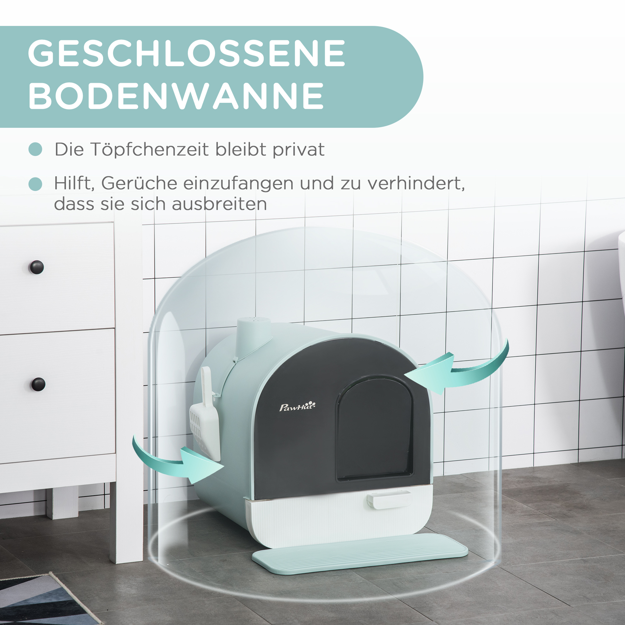 Katzentoilette Katzenklo mit Deckel Streuschaufel Streufangmatte Grün 43 x 44 x 47cm