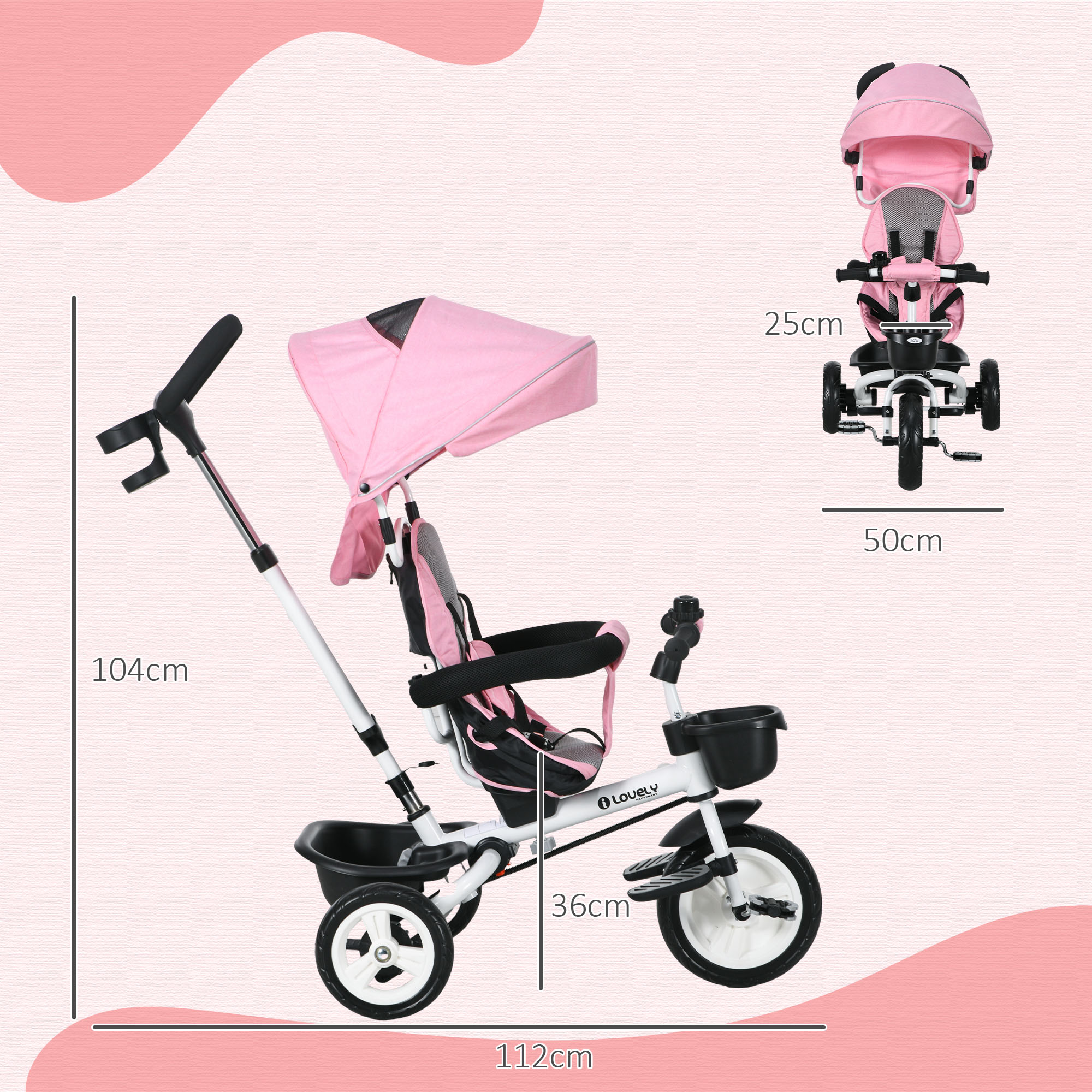 6-in-1 Kinderdreirad mit Schiebestange, Dach, Gurt, Ablagekorb, 18+ Monate, Rosa