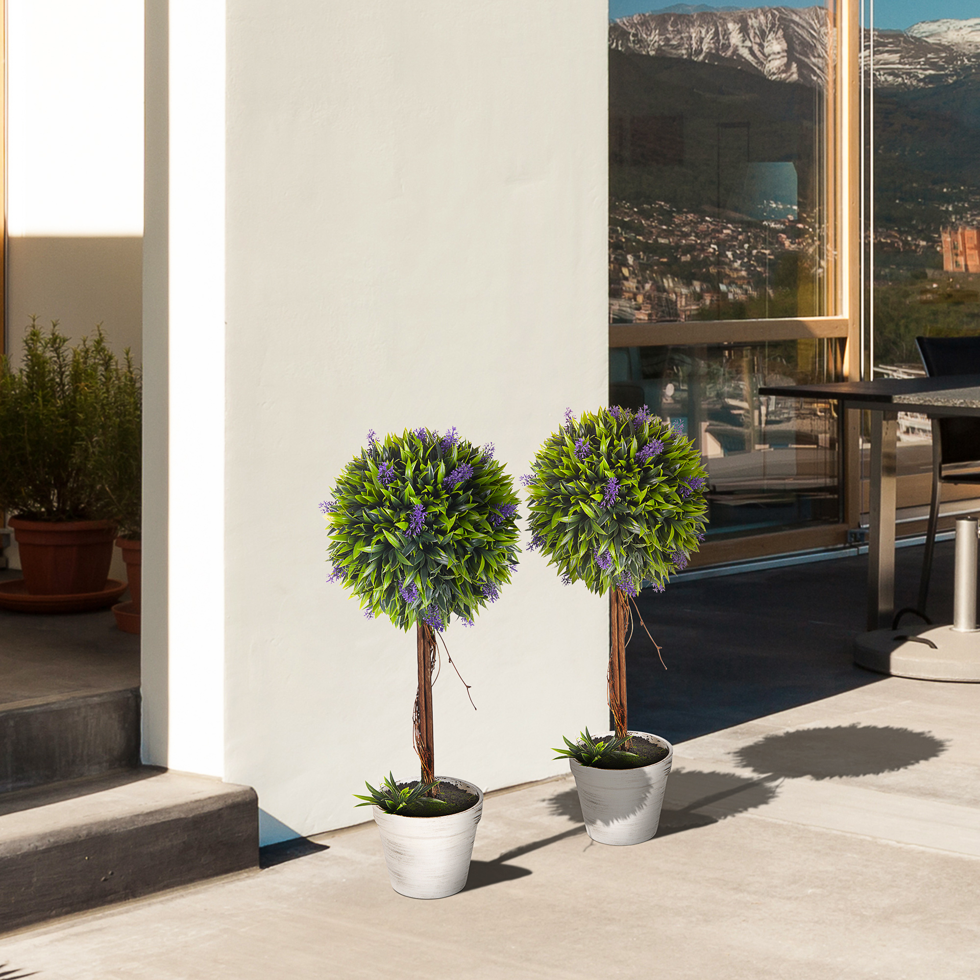 2er-Set Kunstpflanze inkl, Übertopf und Kunstmoos, künstliche Lavendelstämmchen,  Weiß + Grün + Lila