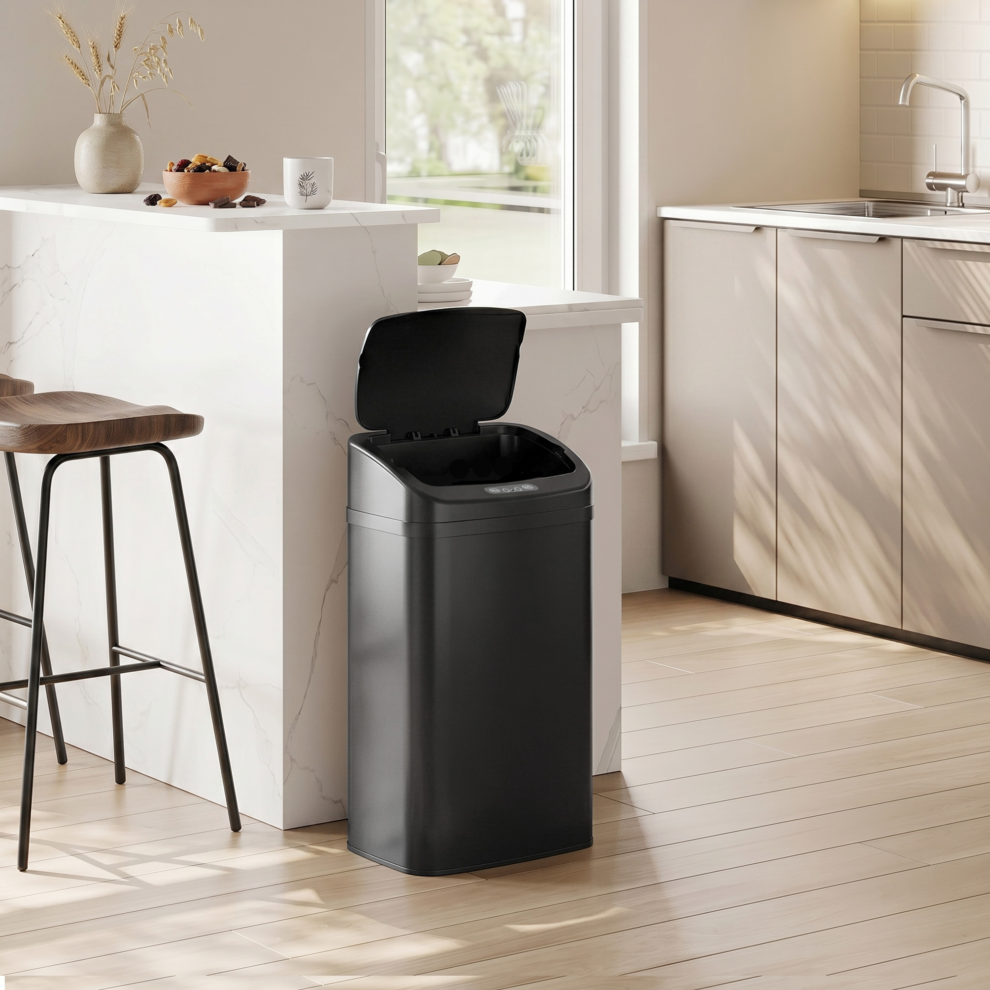 48l Sensor-Mülleimer für Küche oder Büro, automatische Schließ-Funktion, Edelstahl, Schwarz