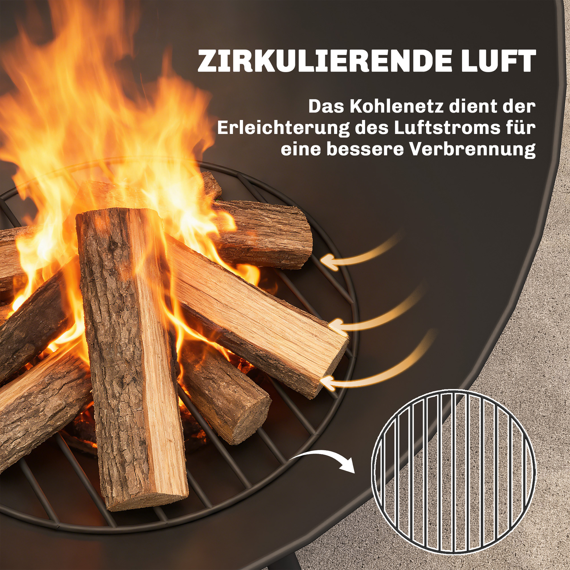 Feuerschale 60 x 53 x 66cm verstellbar Feuerstelle mit Schürhaken Kohlegitter Ständer Schwarz
