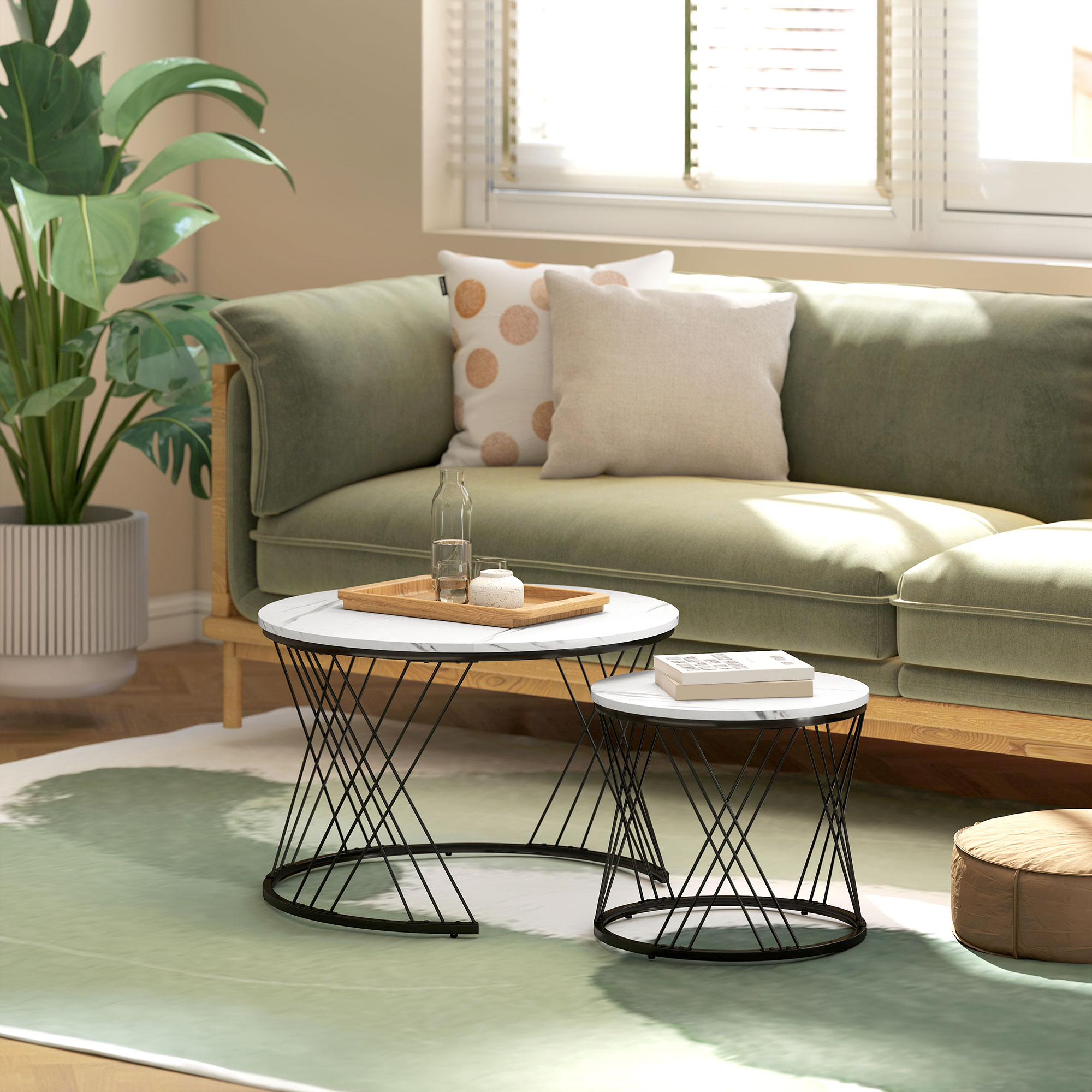 Couchtische im 2er-Set, Marmoroptik, Spanplatte, Metall, runde Kaffeetische für Wohnzimmer, ineinanderstellbar, Weiß