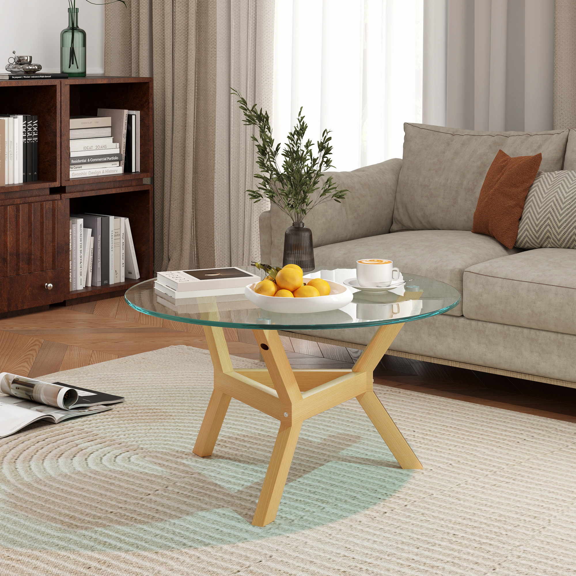 Runder Beistelltisch aus gehärtetem Glas mit verstellbaren Fußpolstern und Stahlrahmen, für Wohnzimmer, Schlafzimmer