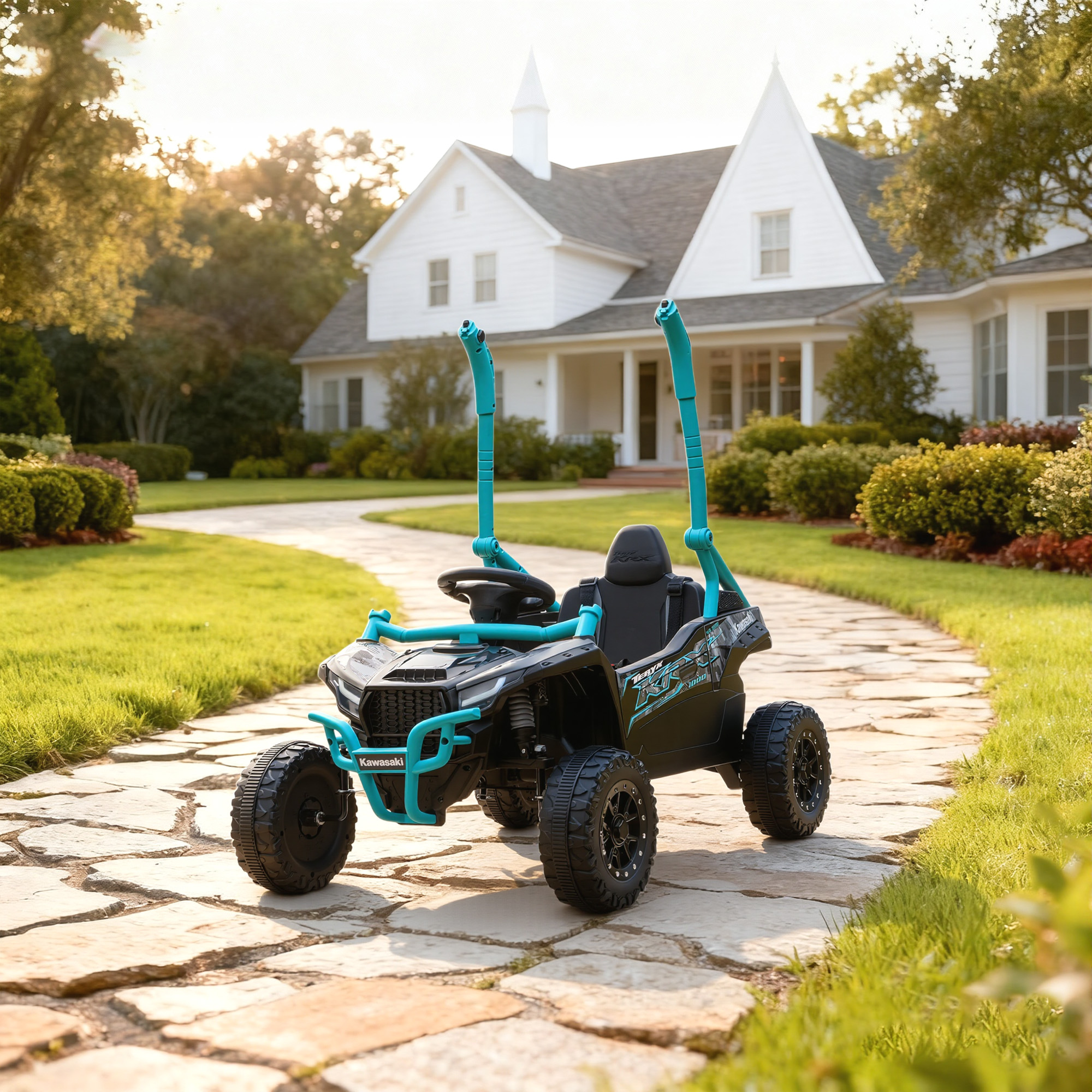 12V Elektrisches Geländefahrzeug für Kinder, Fernbedienung, LED-Lichter, Musik, Hupe, für Kinder von 3-8 Jahren, Blau