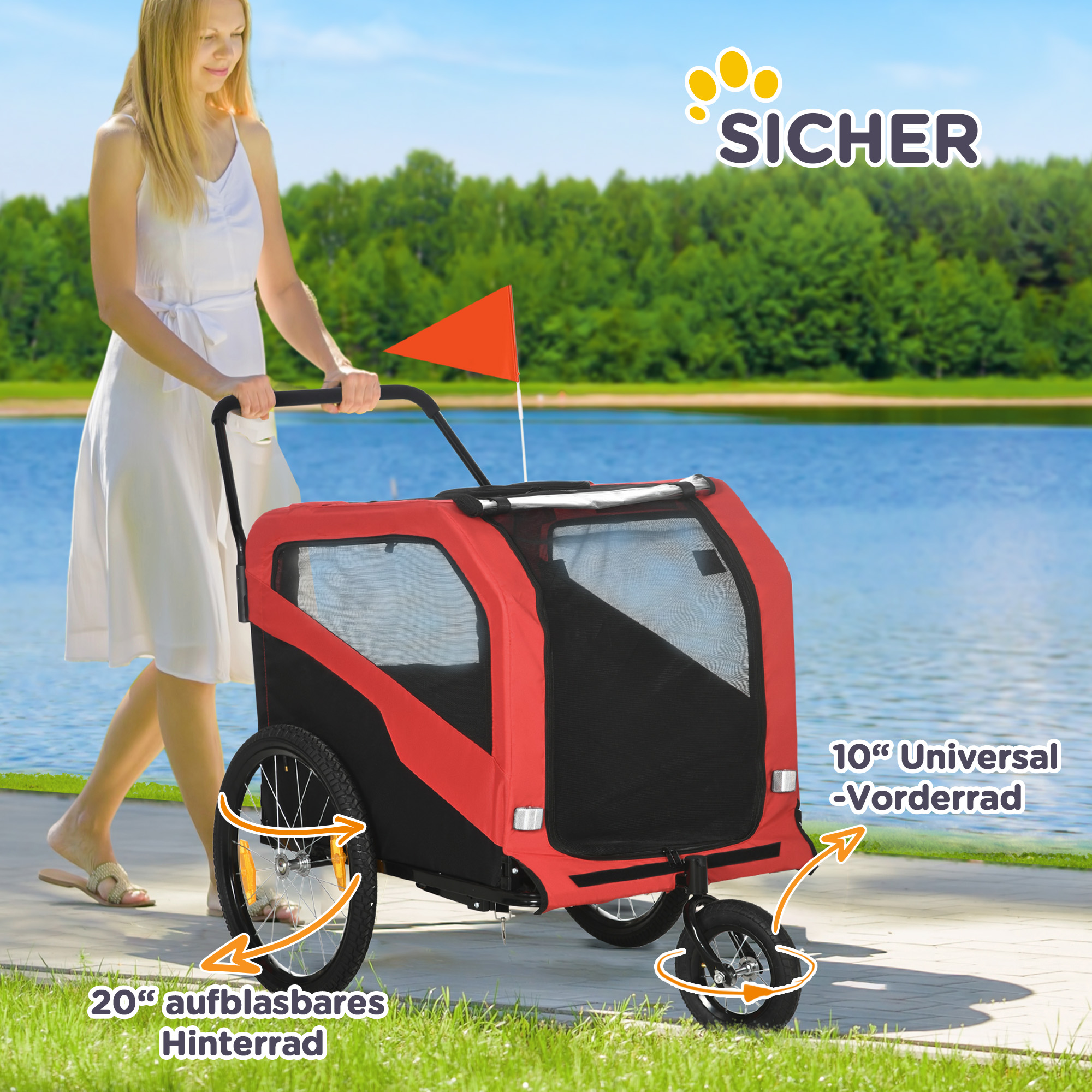 2-in-1 Hundeanhänger Hundebuggy bis 30kg klappbar und lagerbar Lenker Fußstütze Reflektoren Sicherheitsfahne 170 cm x 77 cm x 90 cm Rot