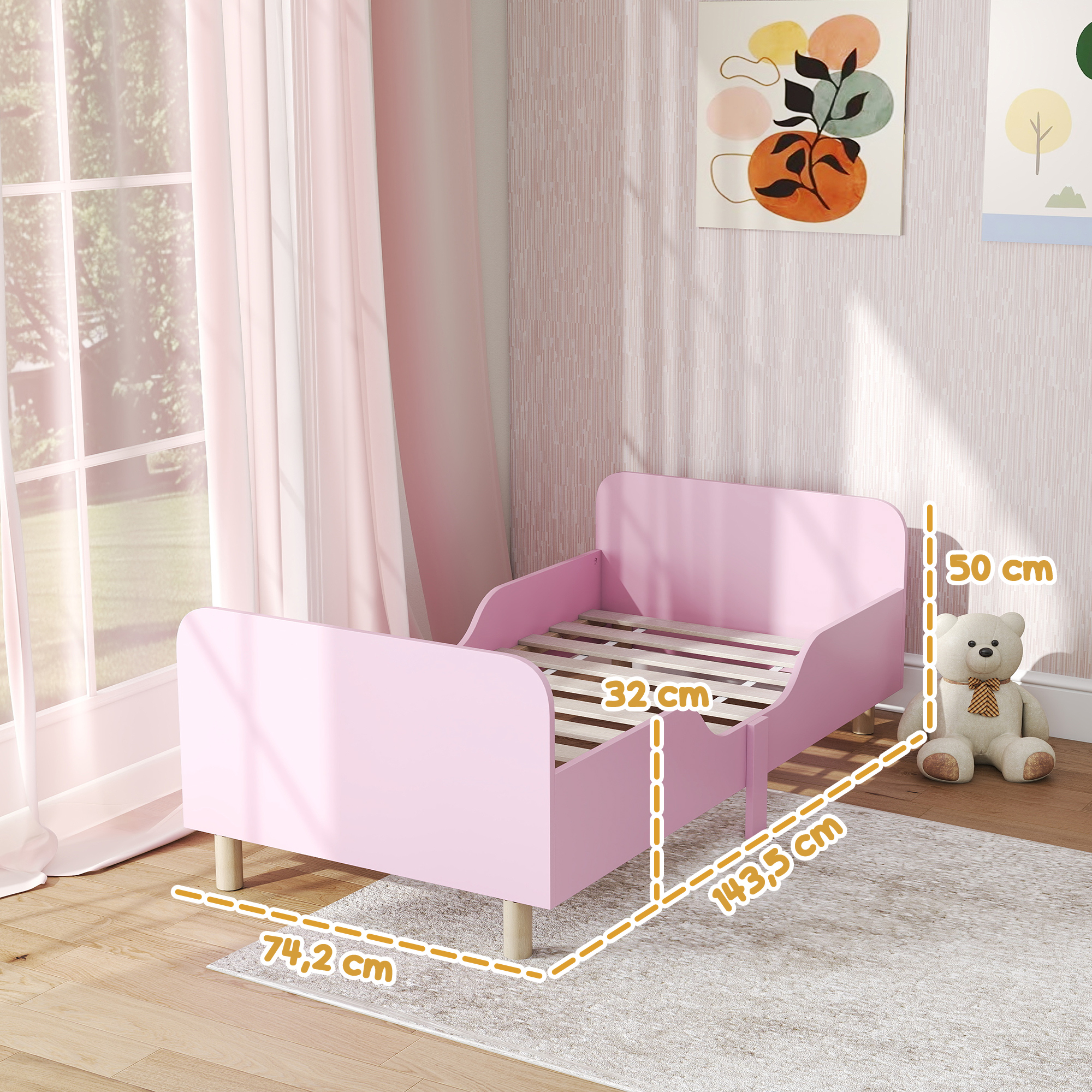 Kinderbettgestell, Einzelbettrahmen für Kinder, Schutzgitter, kleines Bett für Kinderzimmer, MDF, ohne Matratze, Rosa