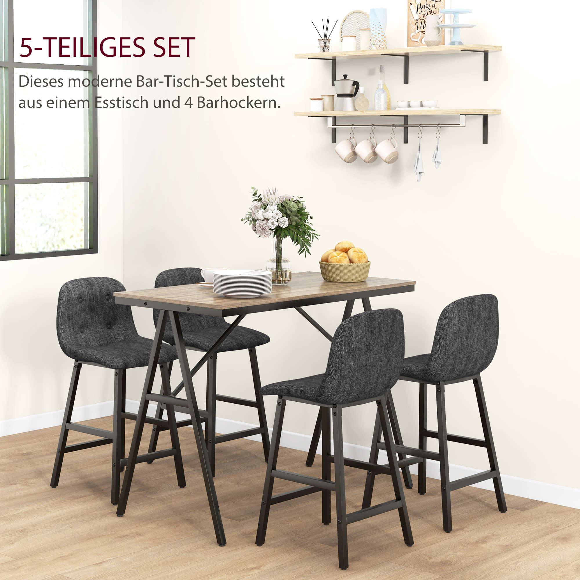 Bargarnitur 5-teilig, Tisch und 4 Stühle, Knopfheftung, dicke Polsterung, Leinenoptik, Dunkelgrau