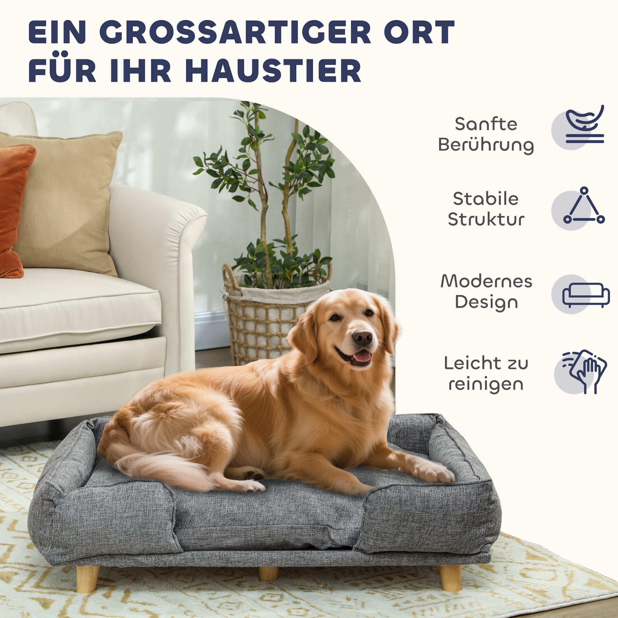 Hundesofa, Haustiersofa, Haustierbett, abnehmbares u. waschbares Polster, Natur+ Dunkelgrau