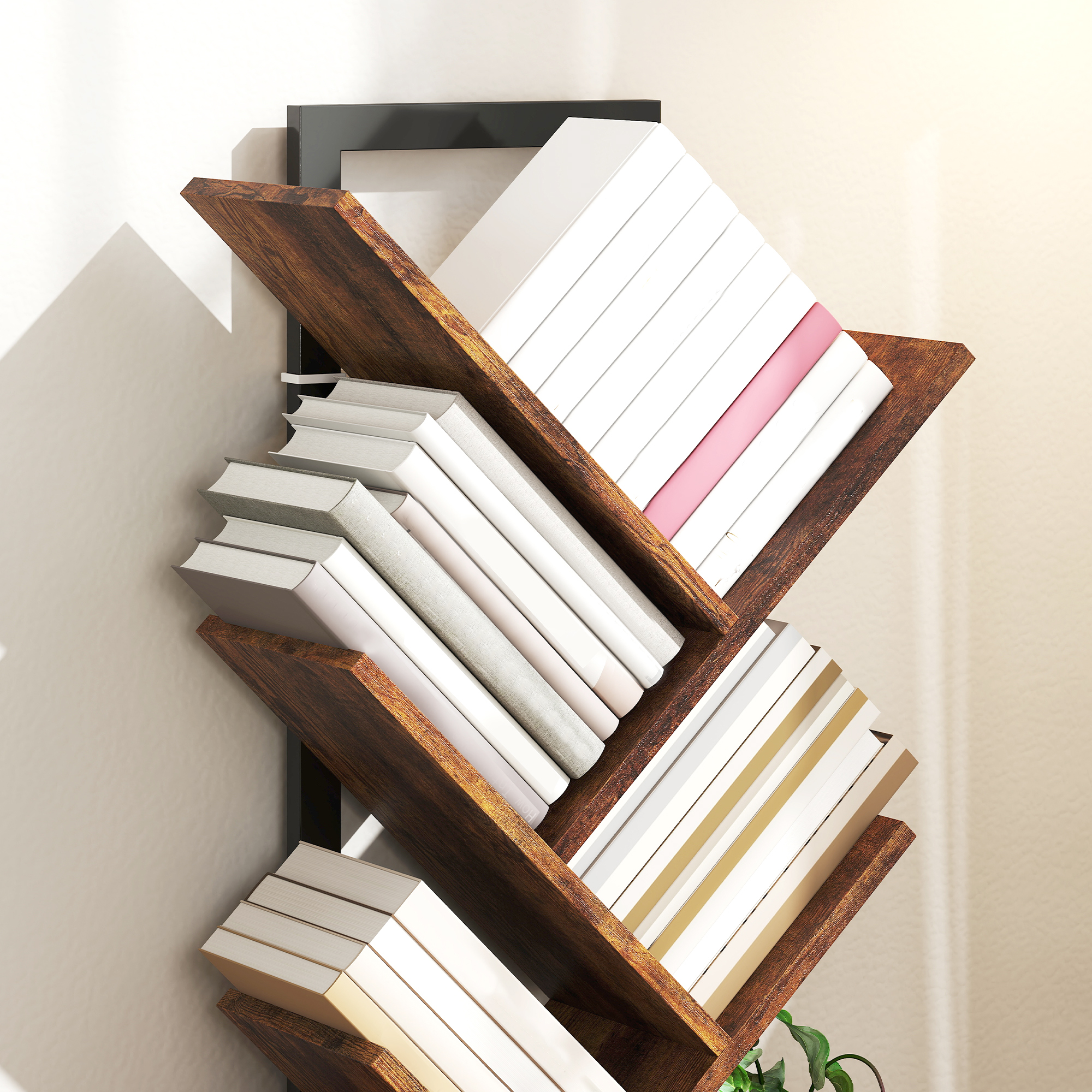 Bücherregal Standregal mit 9 Ebenen Schmal Regal im Baumform für Büro, Rustikal Braun