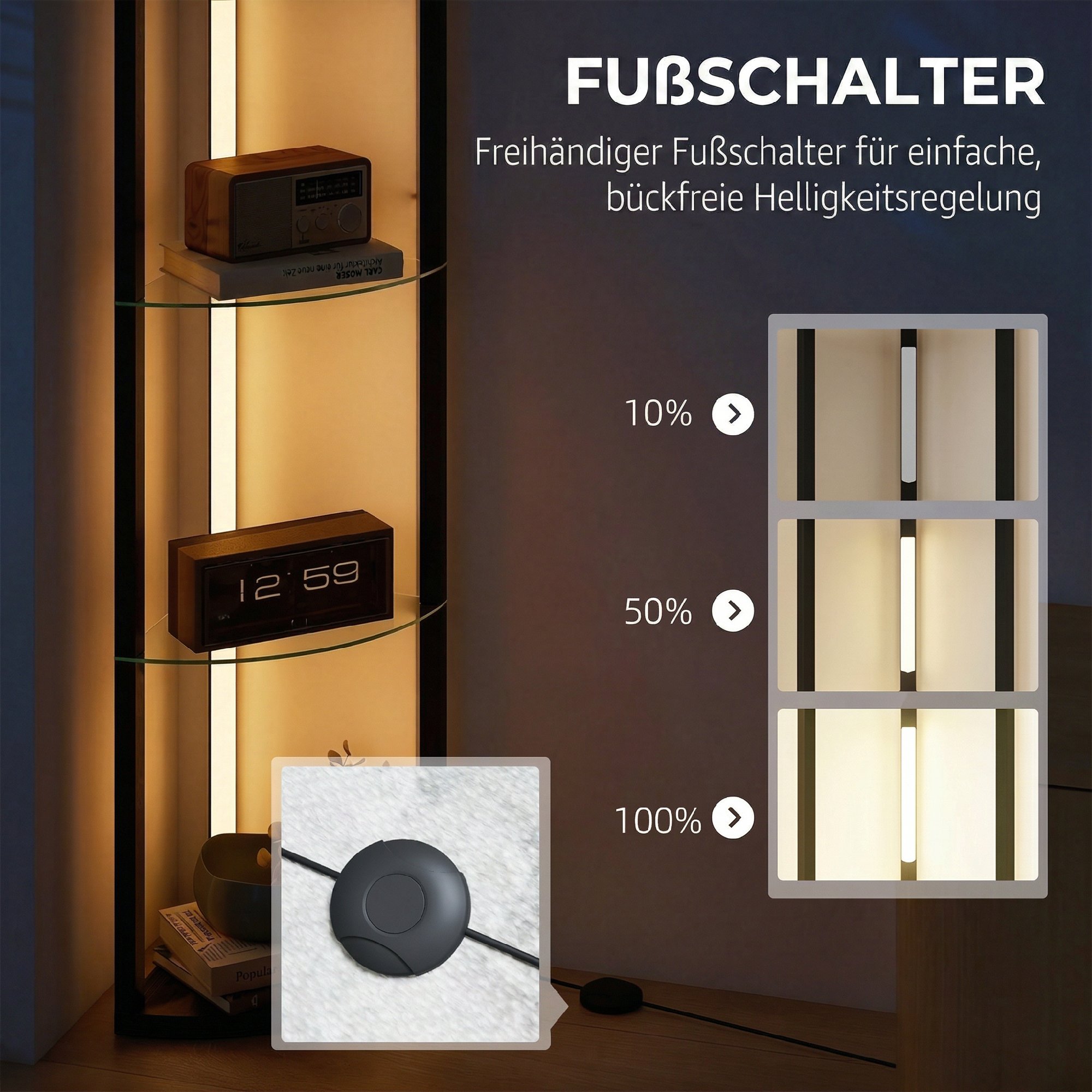 LED Stehlampe mit Glasregal Stehleuchte mit 3 Helligkeitsstufen Fußschalter für Wohnzimmer Schlafzimmer Schwarz