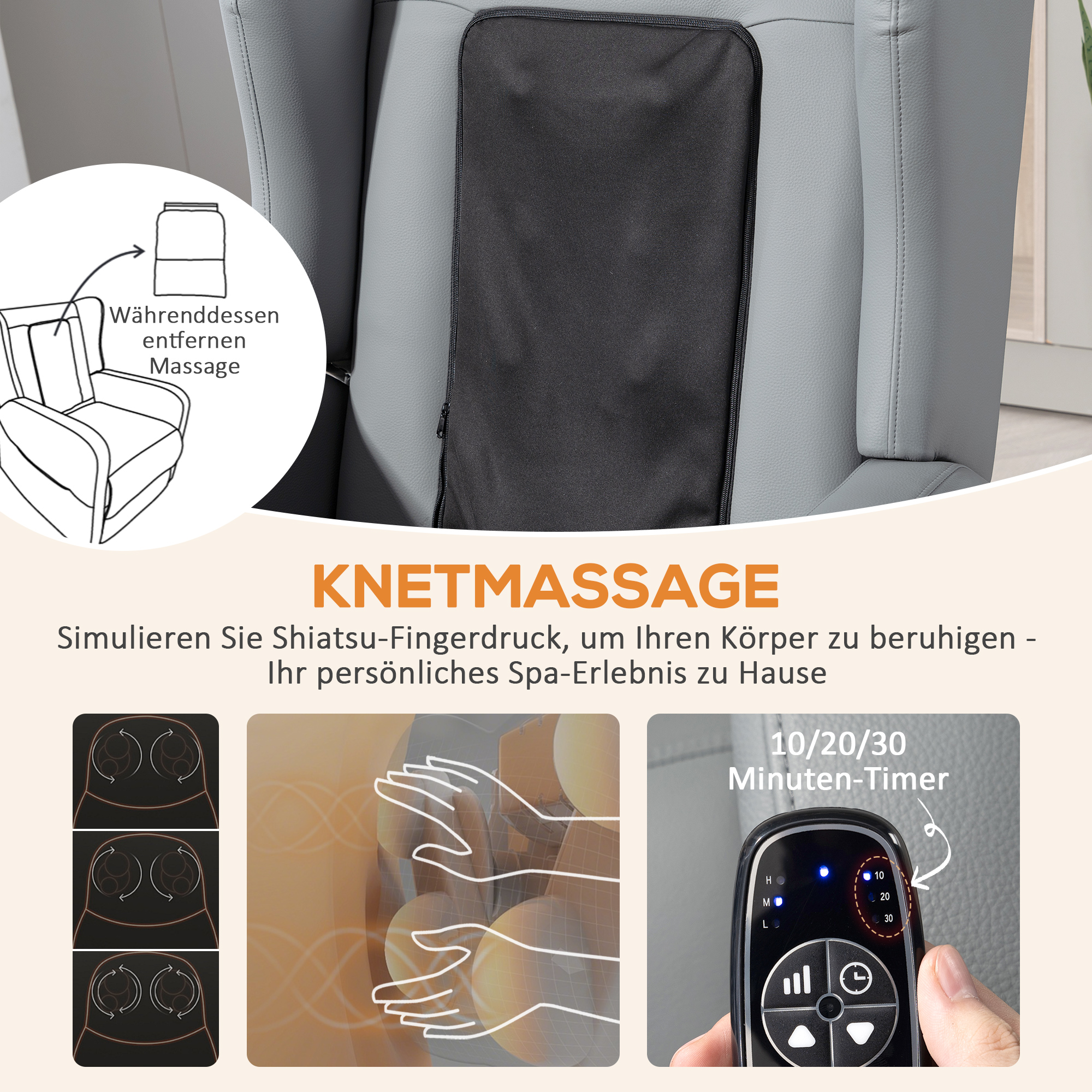 Massagesessel mit Rücklehnfunktion, Kunstleder, elektrisch verstellbar, Fußstütze, Seitentasche, Stahlrahmen, Grau
