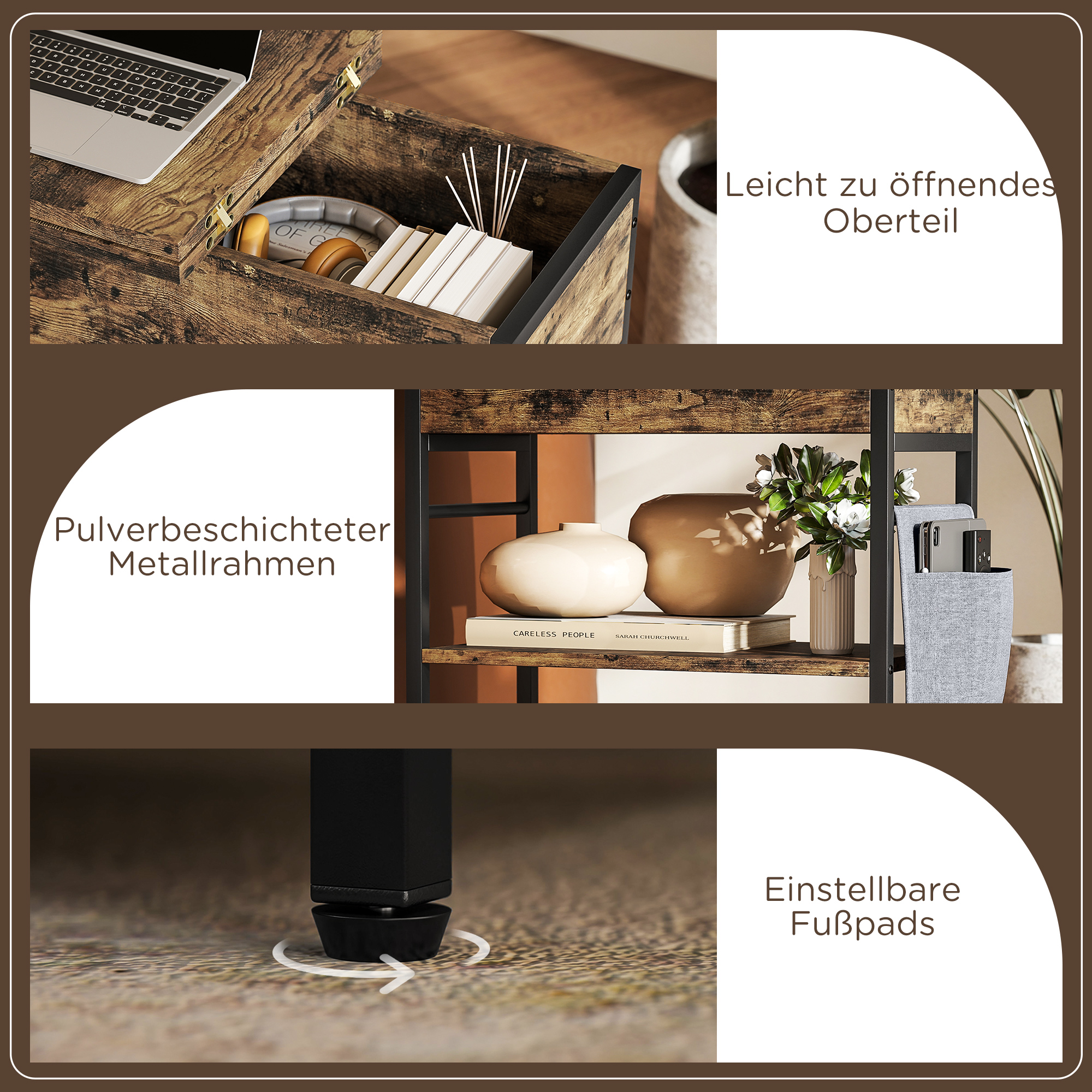 Beistelltisch Nachttisch mit Steckdosenleiste, 2 Ebenen, USB-Anschlüssen Stauraum 60 x 29,8 x 58,5 cm Rustikal Braun