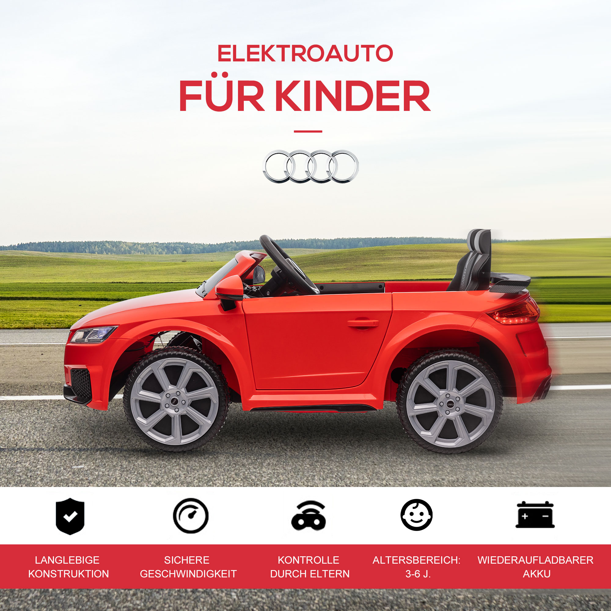 Kinderfahrzeug Audi 12V mit 2,4G Fernbedienung, Musik, Hupe, Elektrofahrzeug mit LED-Leuchte, USB/MP3-Anschluss, Rückwärtsfunktion, für Kinder 3-5 Jahre, rot