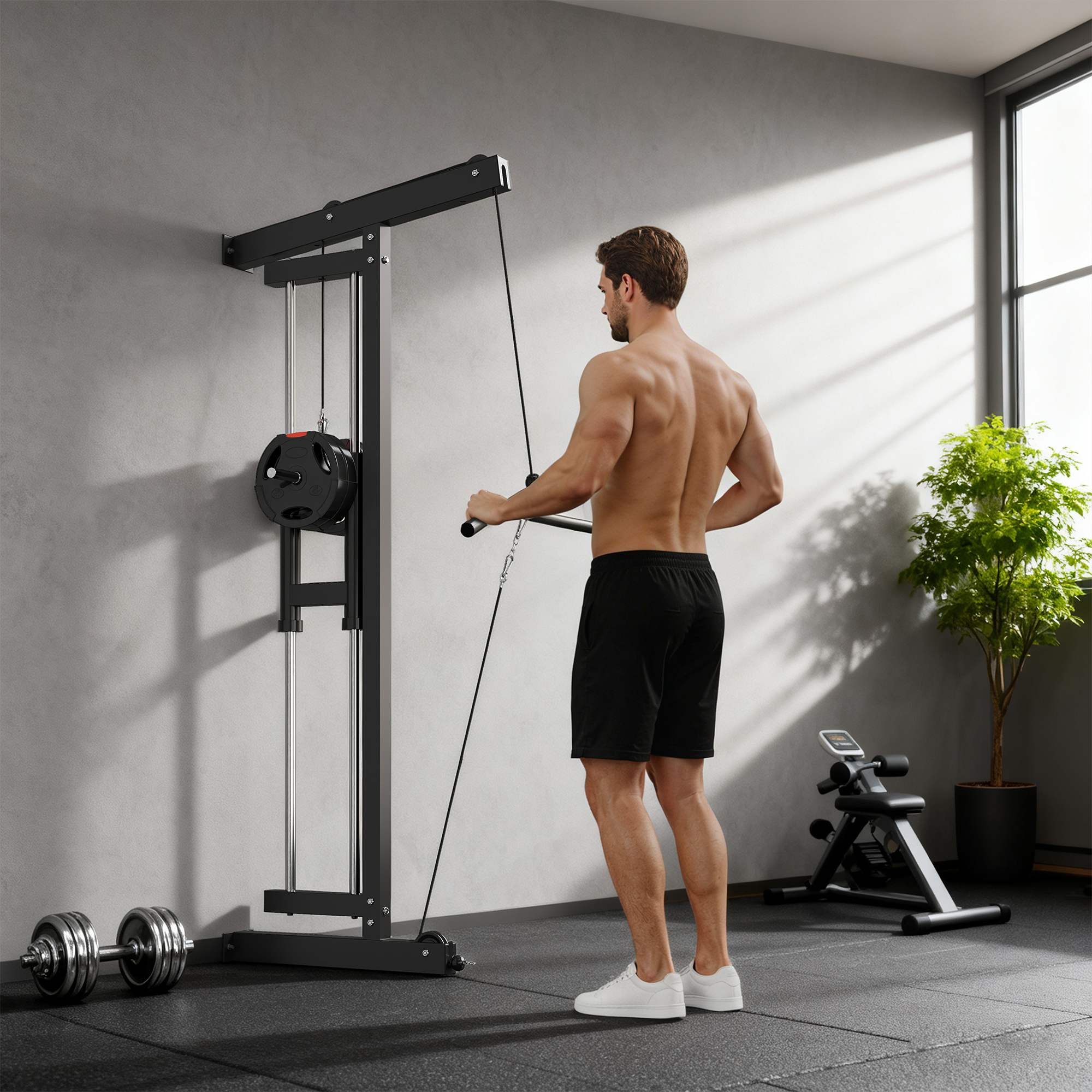Rudermaschine für Training, wandmontiertes Fitnessgerät, Kabelmaschine für Heimfitnessstudio, Stahl, Schwarz