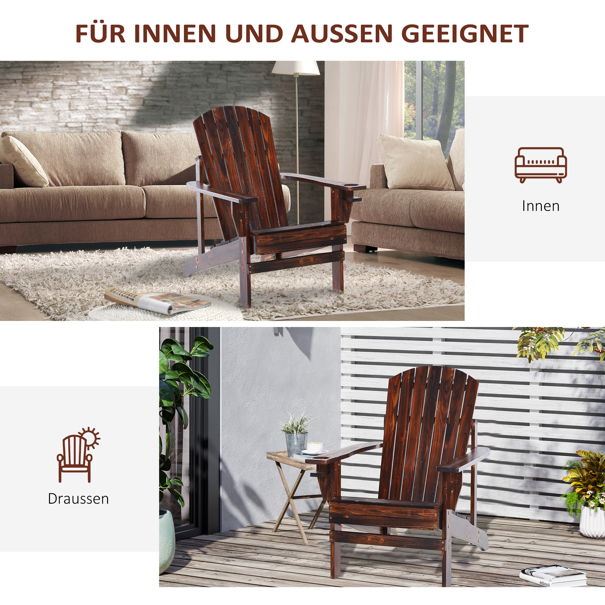Adirondack-Gartenstuhl mit Becherhalter Gartenliege Balkonstuhl Massivholz Verkohlt 72 x 95 x 93 cm