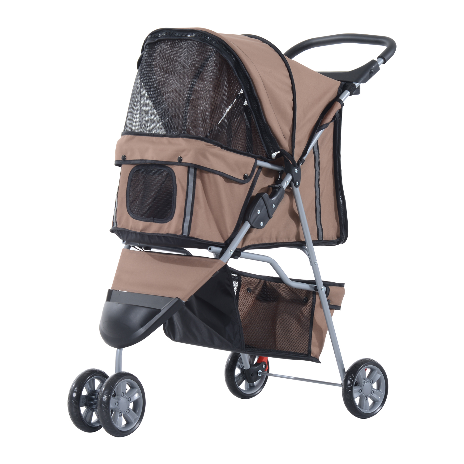 Hundebuggy Hundewagen bis 10 kg Klappbar Bodenkorb 2 Becherhalter verstellbares Vordach Kaffeebraun