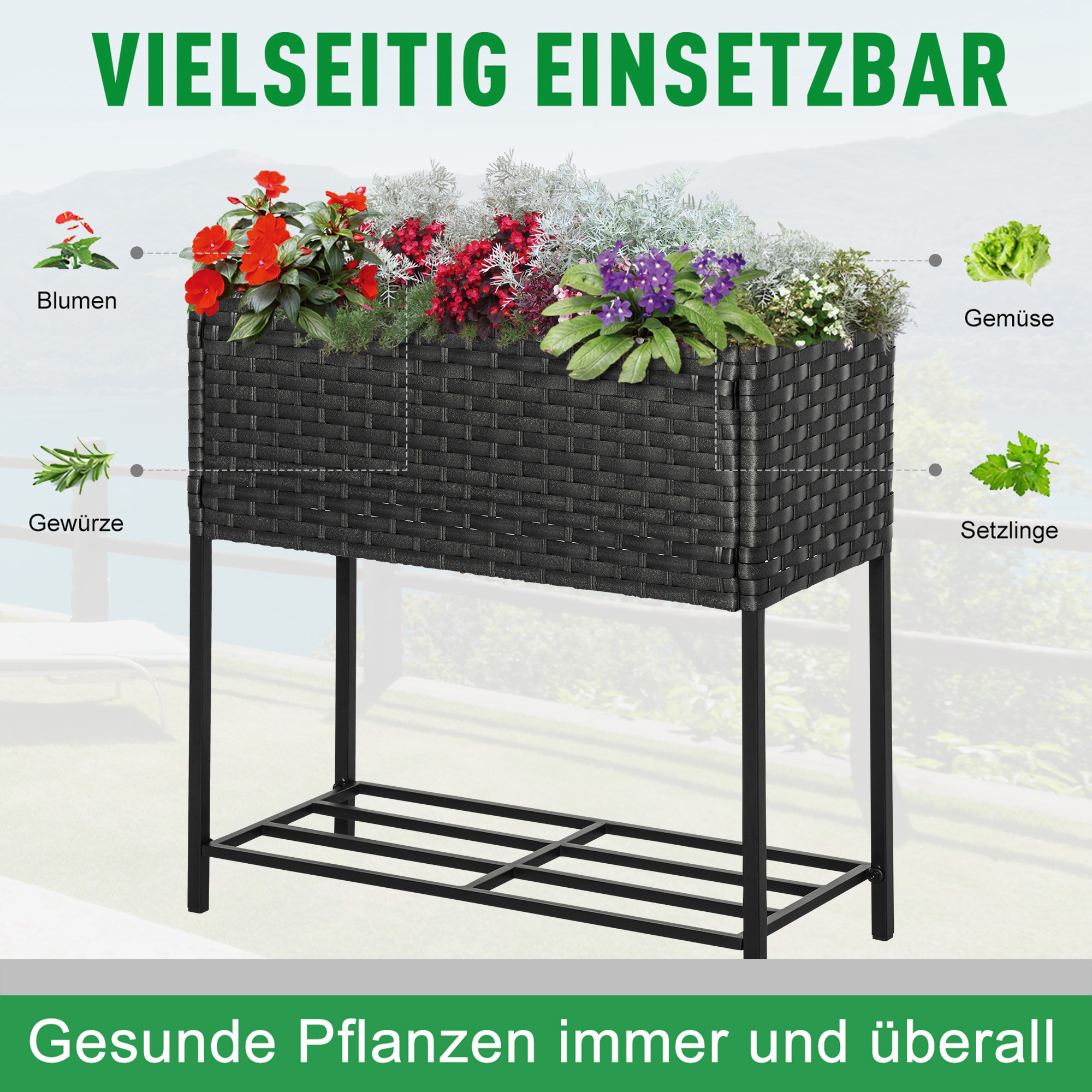 Hochbeet, Blumenkasten, tiefe Ablage, Metallrahmen/Polyrattan, 70 x 30 x 70 cm, Dunkelbraun