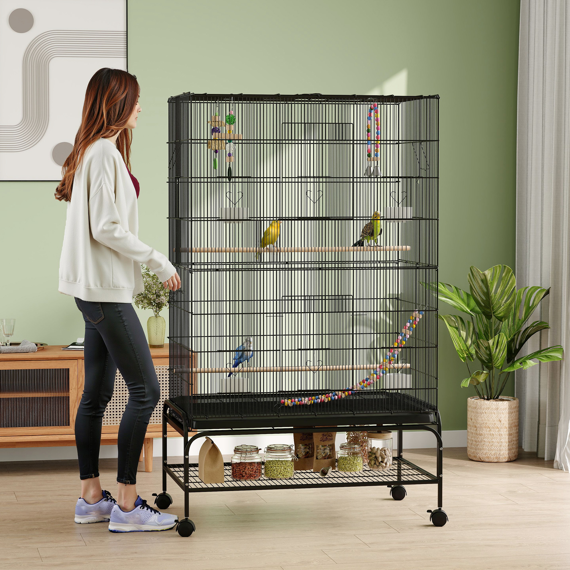 Vogelkäfig inklusive Sitzstangen, Vogelspielzeug, herausnehmbare Bodenwanne, Schwarz