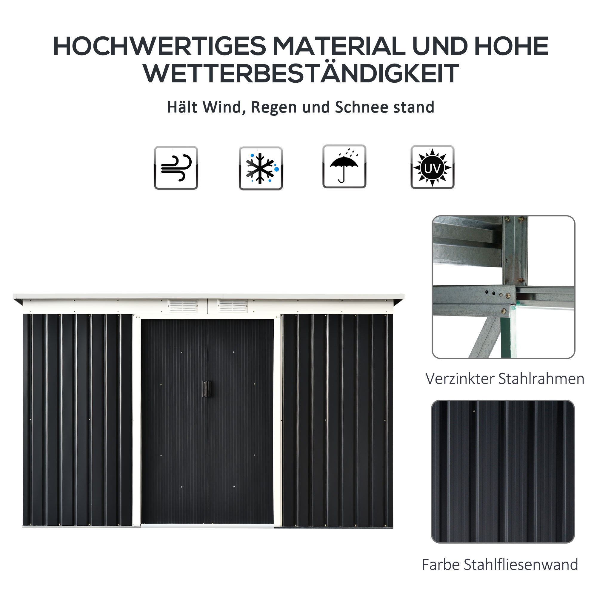 Gerätehaus, Gartenhaus, Geräteschuppen mit Schiebetür, Lüftungsfenster, Pultdach, Outdoor, Stahl, Dunkelgrau, 280 x 130 x 172 cm