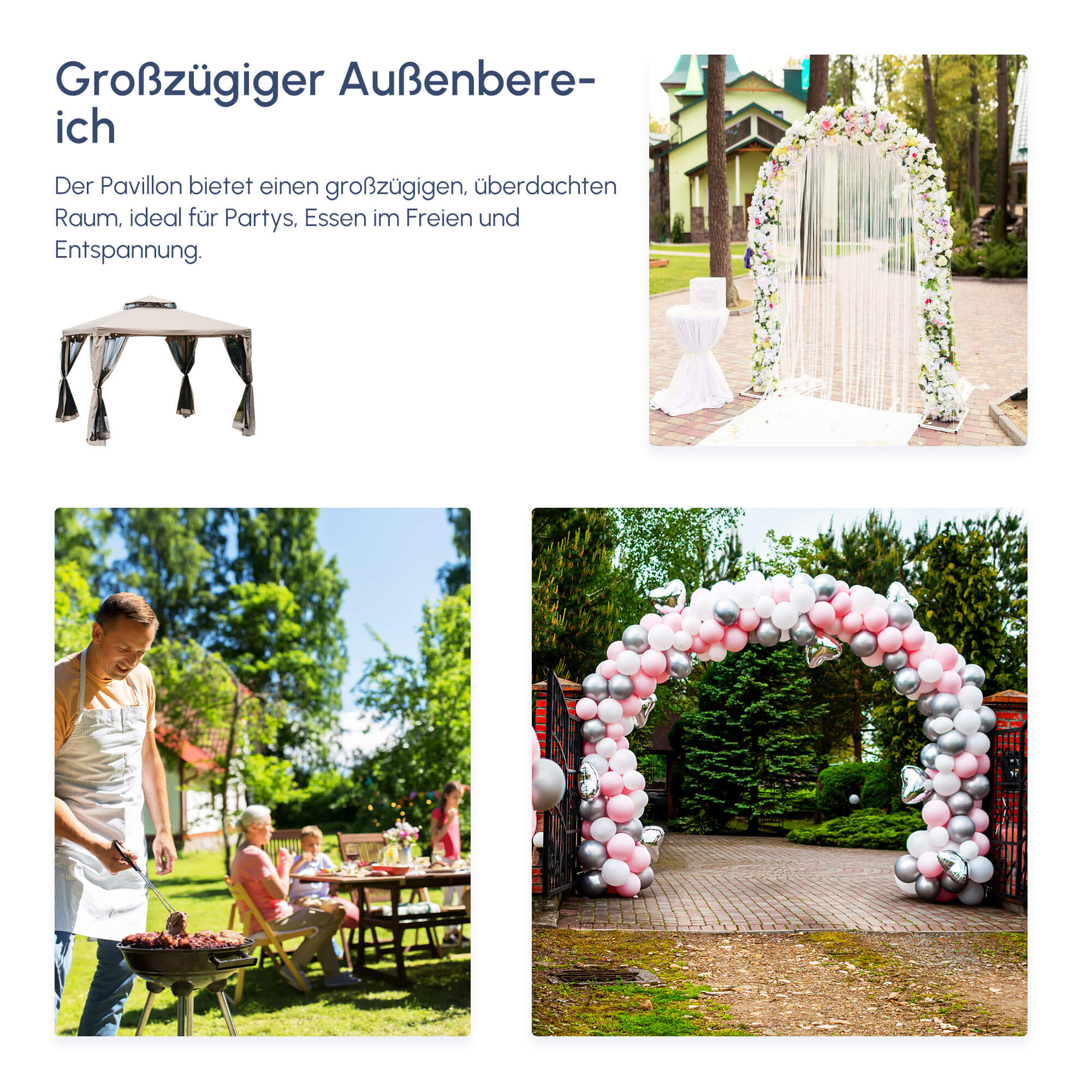 Gartenpavillon Pavillon Gartenzelt Festzelt Partyzelt mit 4 x Seitenwand wetterfest Metall + Polyester Grau 2,94 x 2,94 x 2,65 m