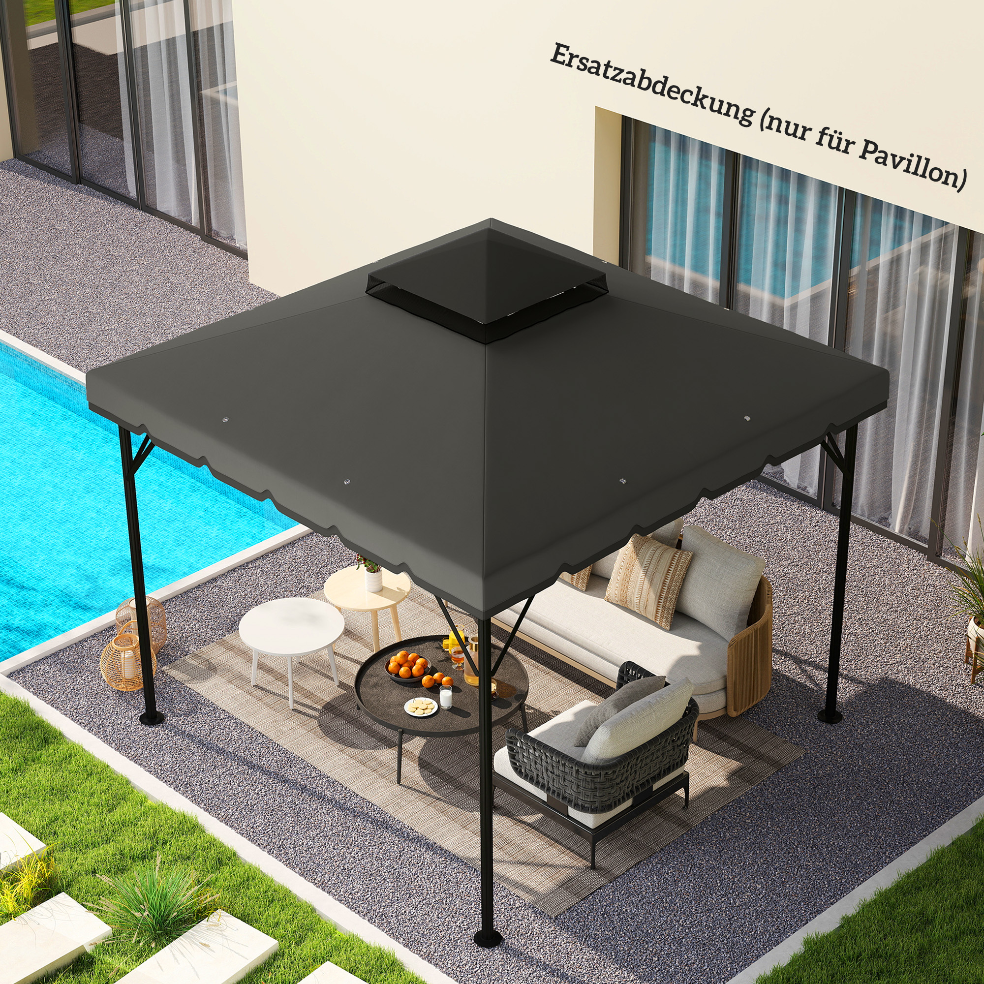 Ersatzdach für Pavillon 3x3m Wasserabweisend Pavillondach mit Doppeldach Wasserablauflöchern Hellgrau