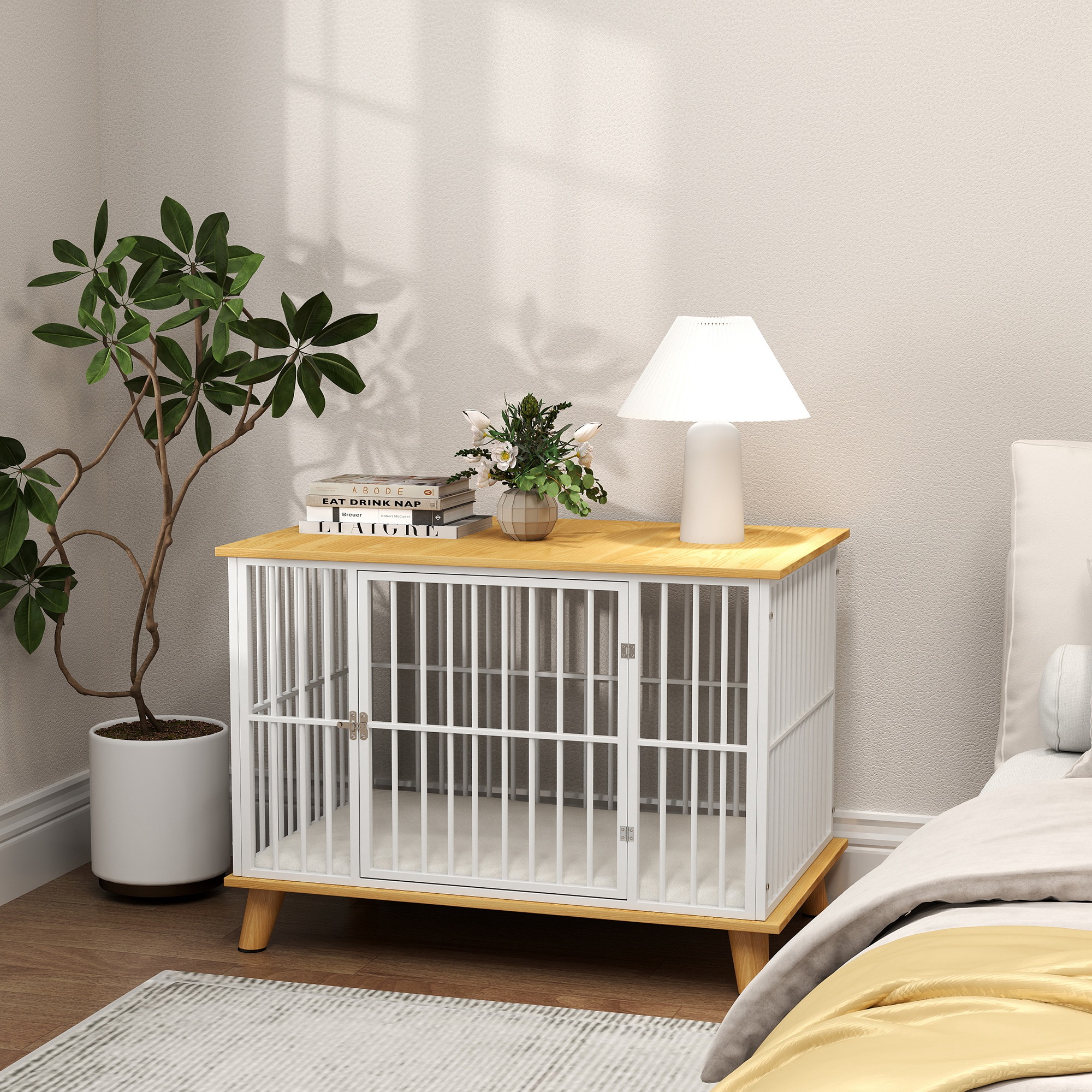 Hundebox mit Verriegelungstür, abnehmbares Kissen, gute Belüftung, Stahl, 86x60x70 cm, Weiß+Grau