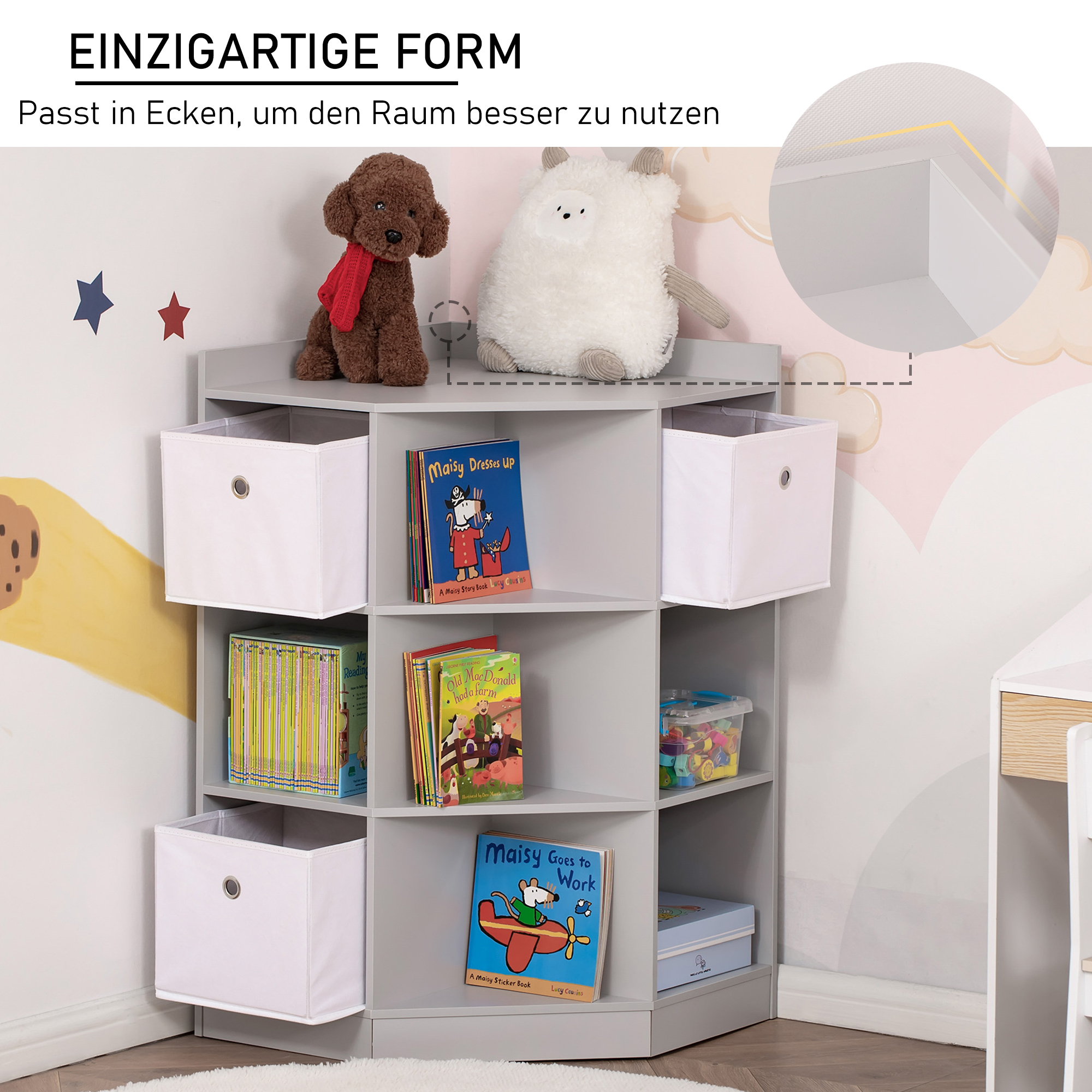 Aufbewahrungsregal für Kinder, 3 Vliesschubladen, MDF, kippsicher, Grau